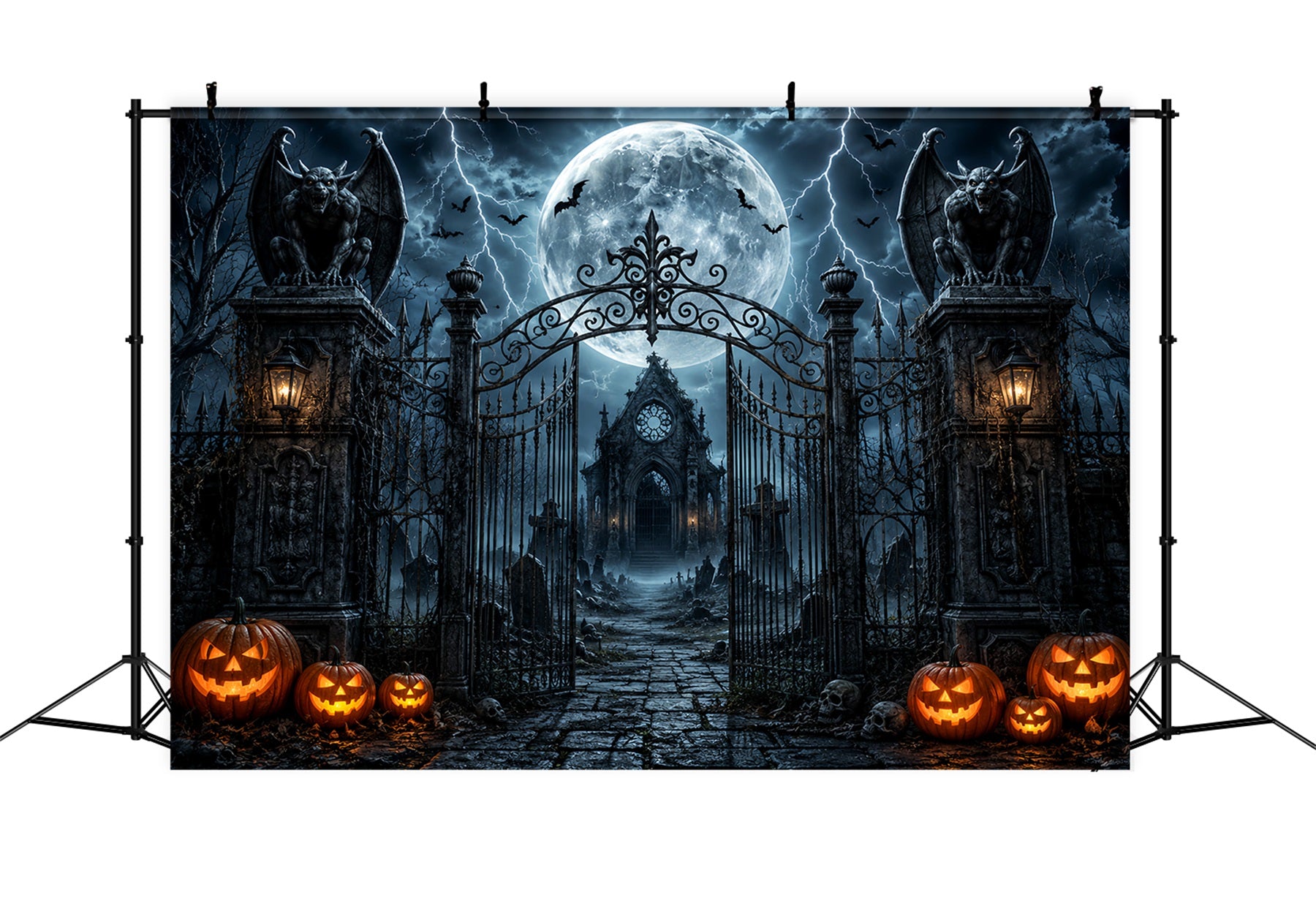 Halloween Party Photo Backdrop Ideas Stormy Gargoyle Cemetery Gateway Creepy Halloween Backdrop LXX67-154