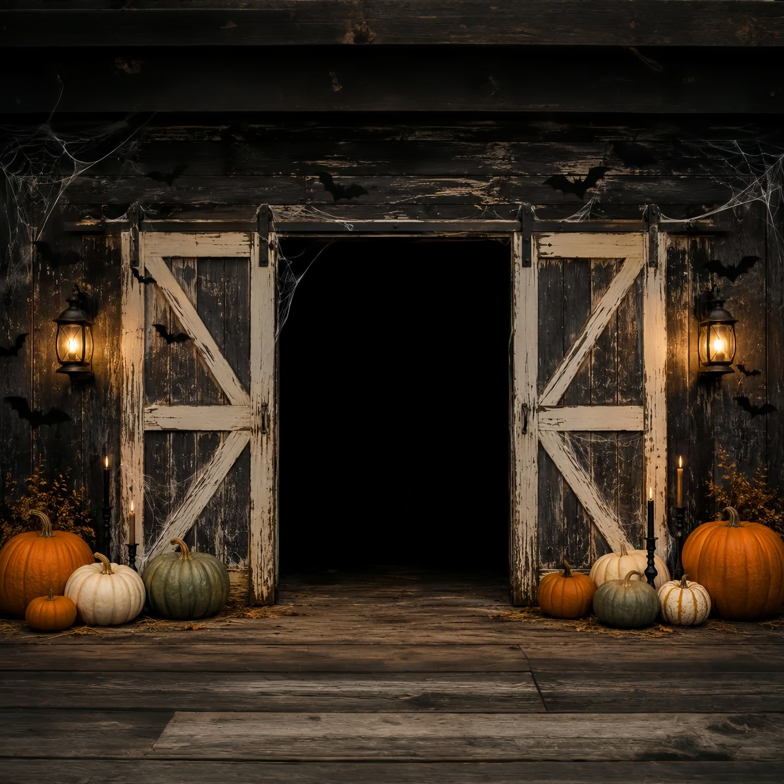 Halloween Scene Backdrop Rustic Pumpkin Barn Door Backdrop For Halloween LXX67-155