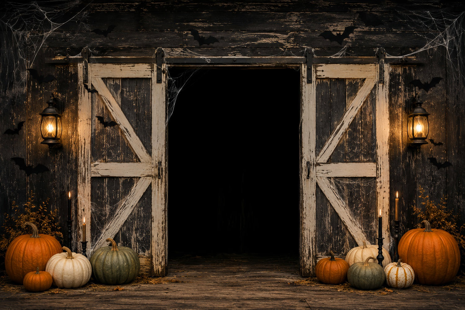 Halloween Scene Backdrop Rustic Pumpkin Barn Door Backdrop For Halloween LXX67-155