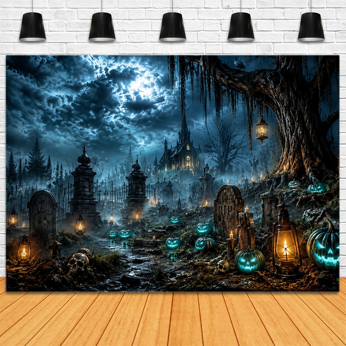Halloween Castle Backdrop Moonlit Haunted Graveyard Pumpkins Large Halloween Backdrop LXX67-16