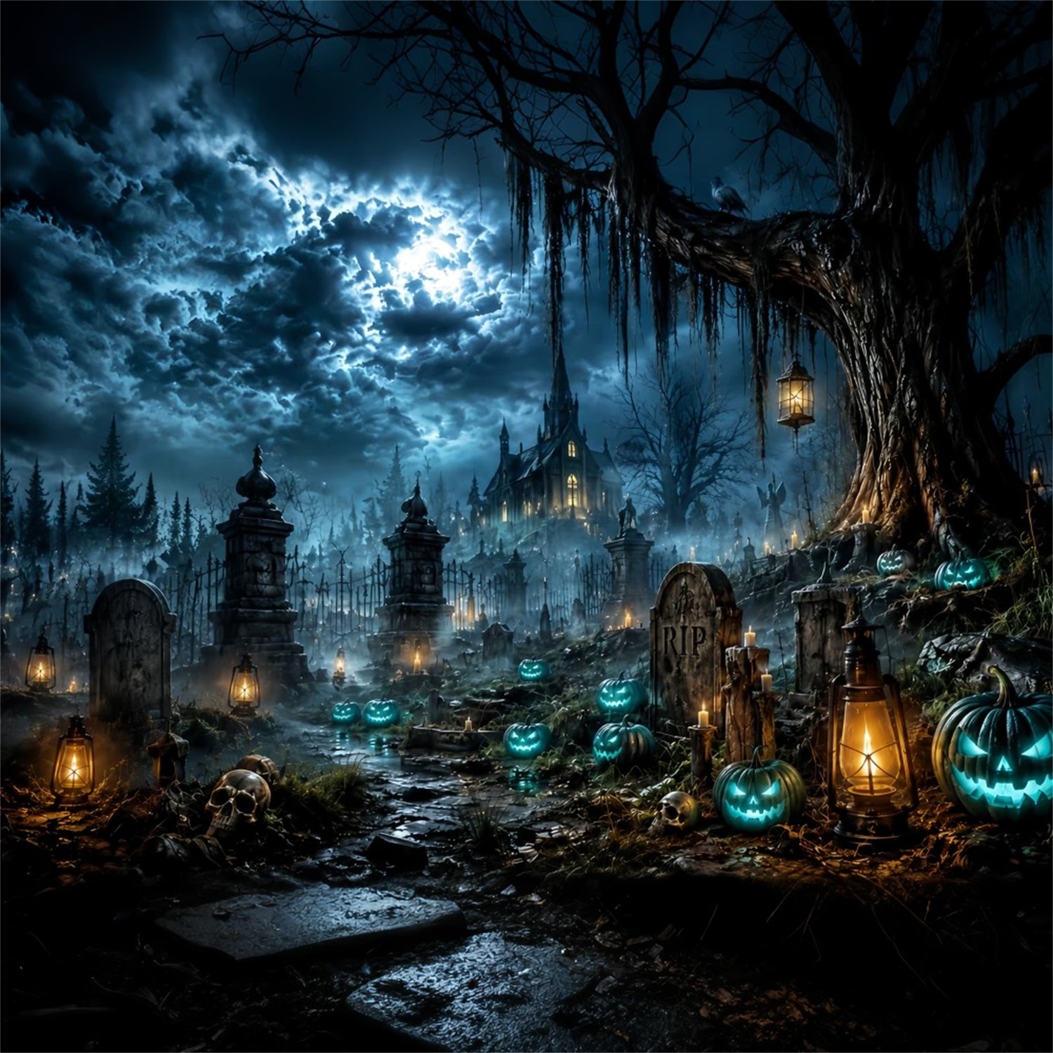 Halloween Castle Backdrop Moonlit Haunted Graveyard Pumpkins Large Halloween Backdrop LXX67-16