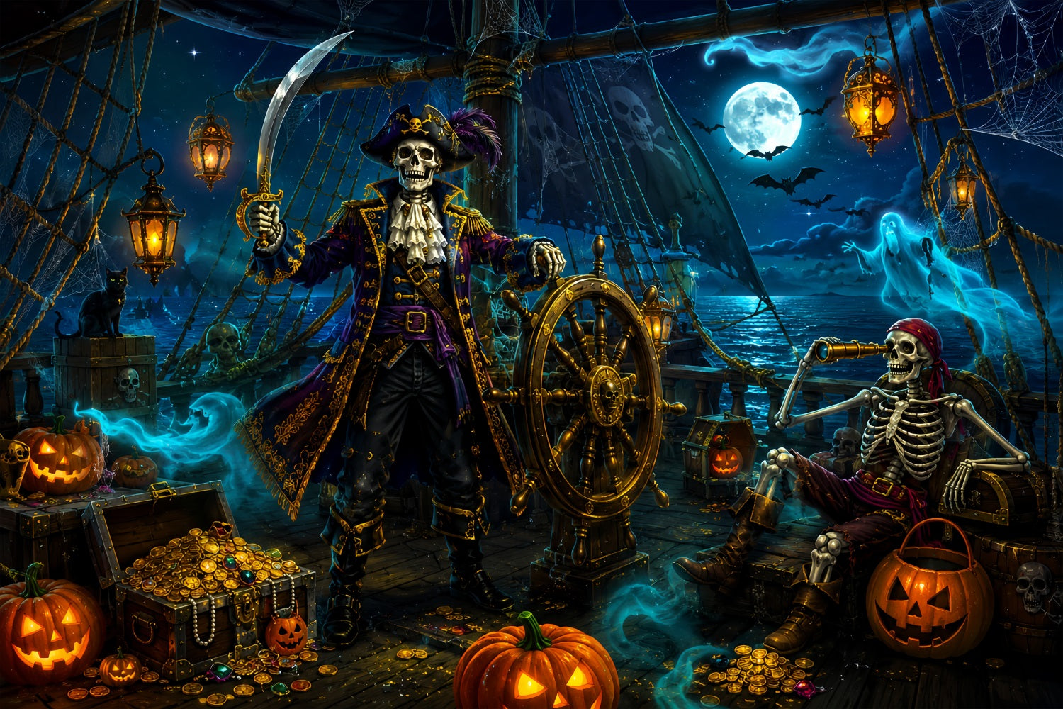 Halloween Theme Backdrop Skeleton Pirate Treasure Ship Halloween Backdrop For Photos LXX67-163