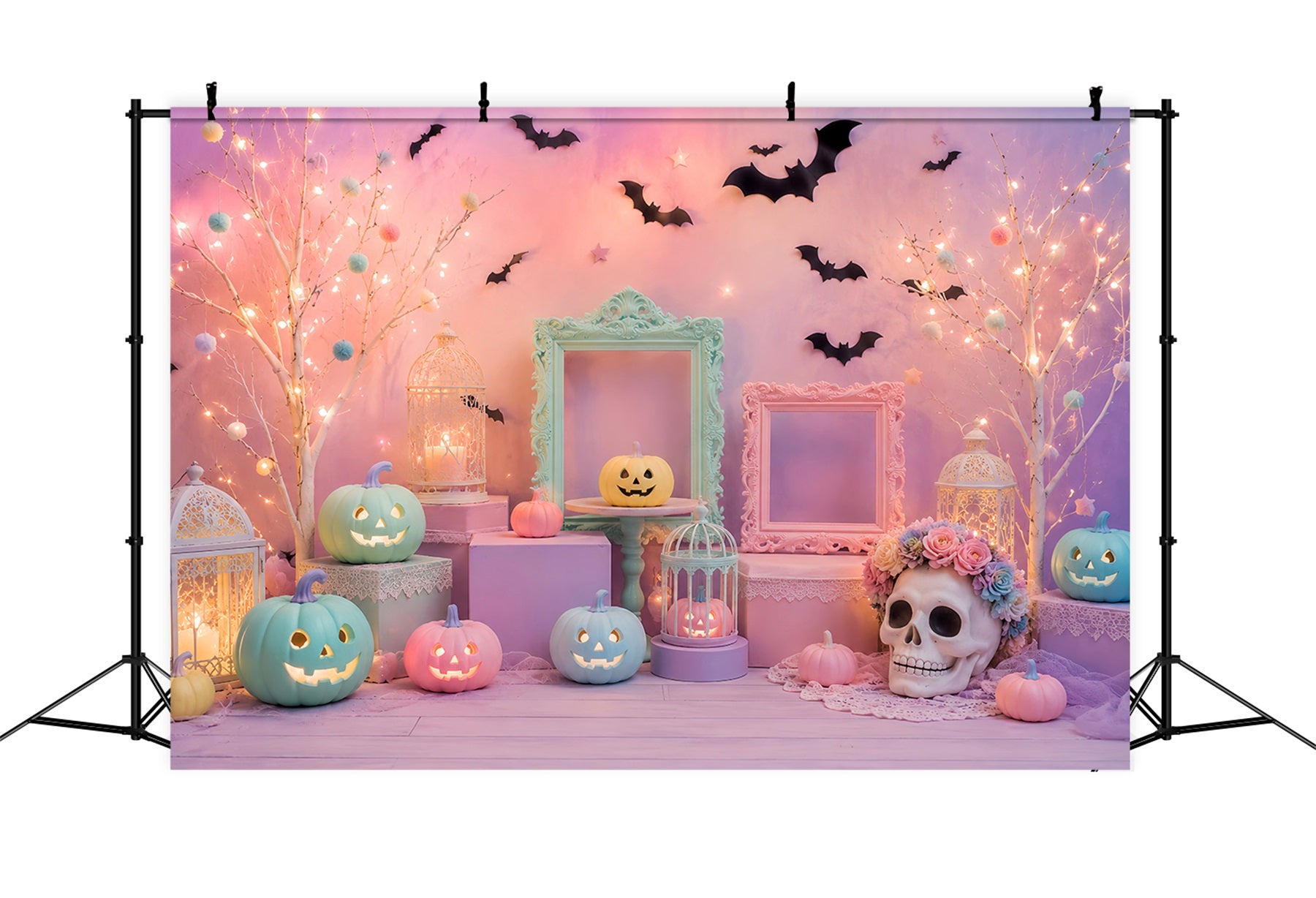 Cute Halloween Backdrops Pastel Pumpkin Skull Display Halloween Backdrops Scene Setters LXX67-165