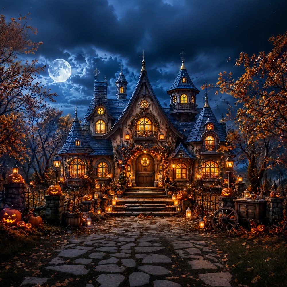 Fall Halloween Backdrop Moonlit Pumpkin Cottage Lanterns Scary Halloween Backdrops LXX67-17
