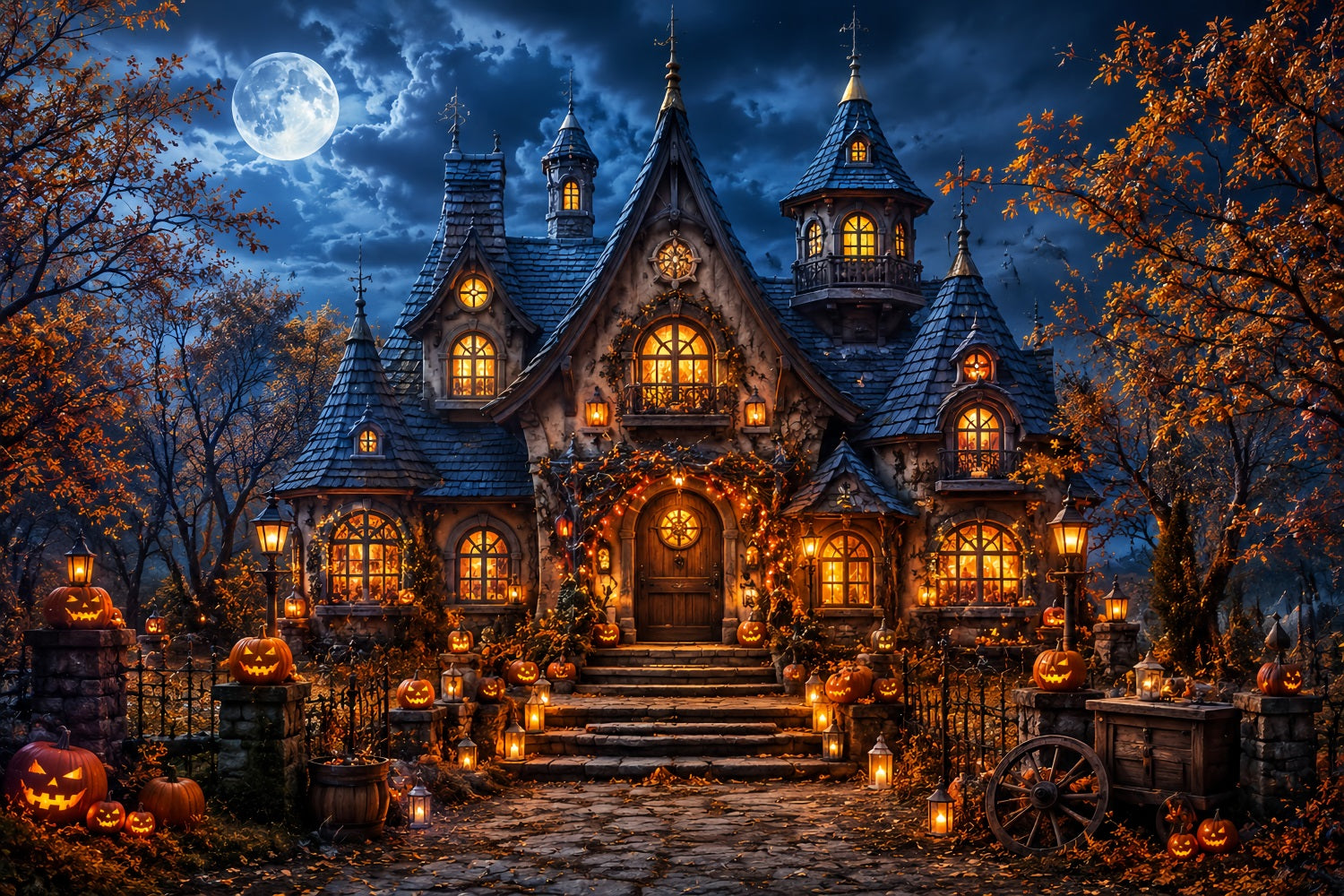 Fall Halloween Backdrop Moonlit Pumpkin Cottage Lanterns Scary Halloween Backdrops LXX67-17