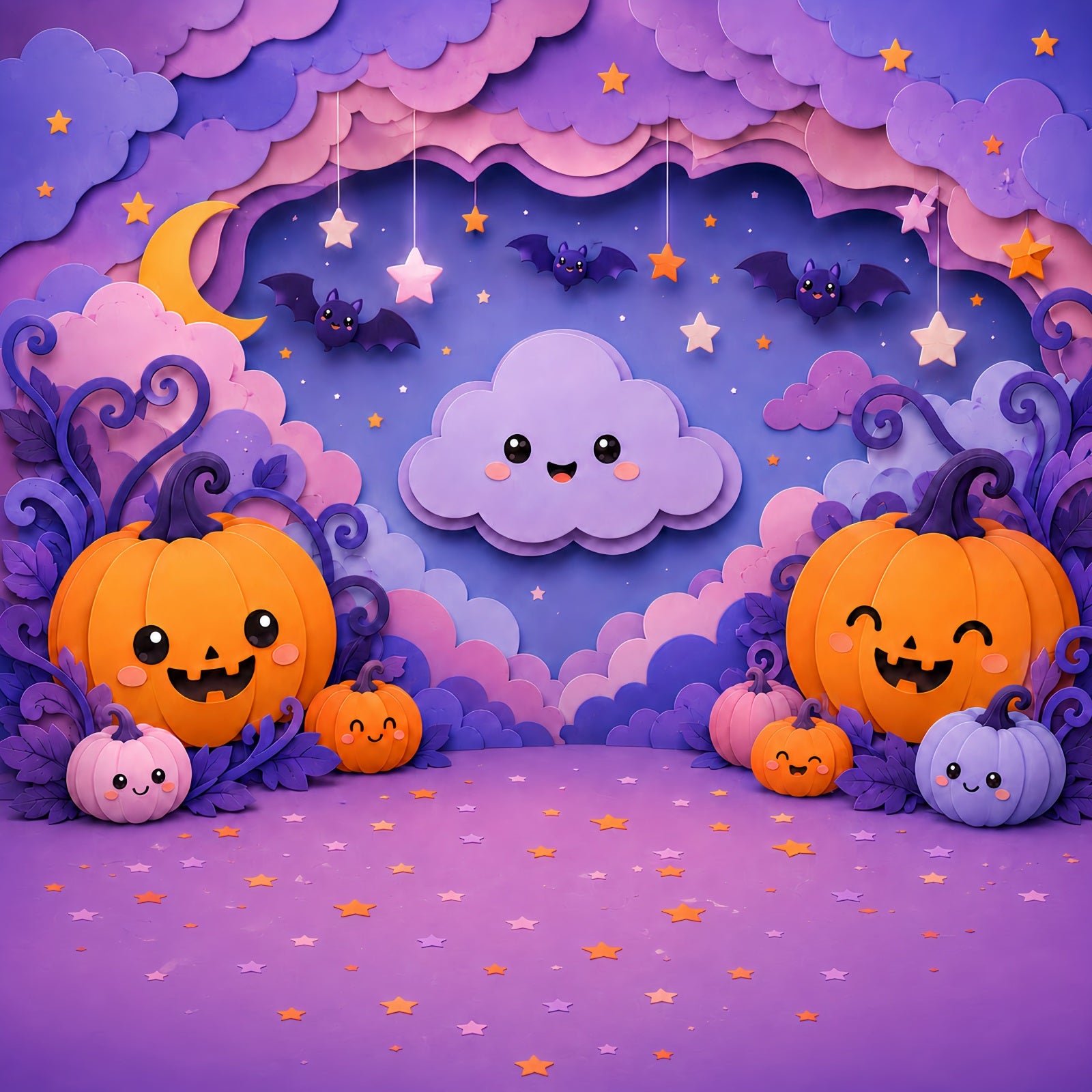 Cute Halloween Photo Backdrop Pastel Pumpkin Cloud Party Backdrop Halloween LXX67-172