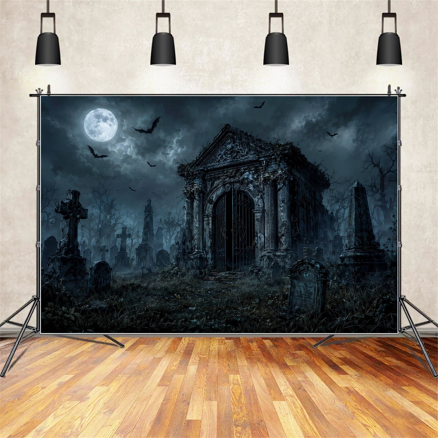 Custom Halloween Backdrop Moonlit Gothic Mausoleum Cemetery Halloween Graveyard Backdrop LXX67-173