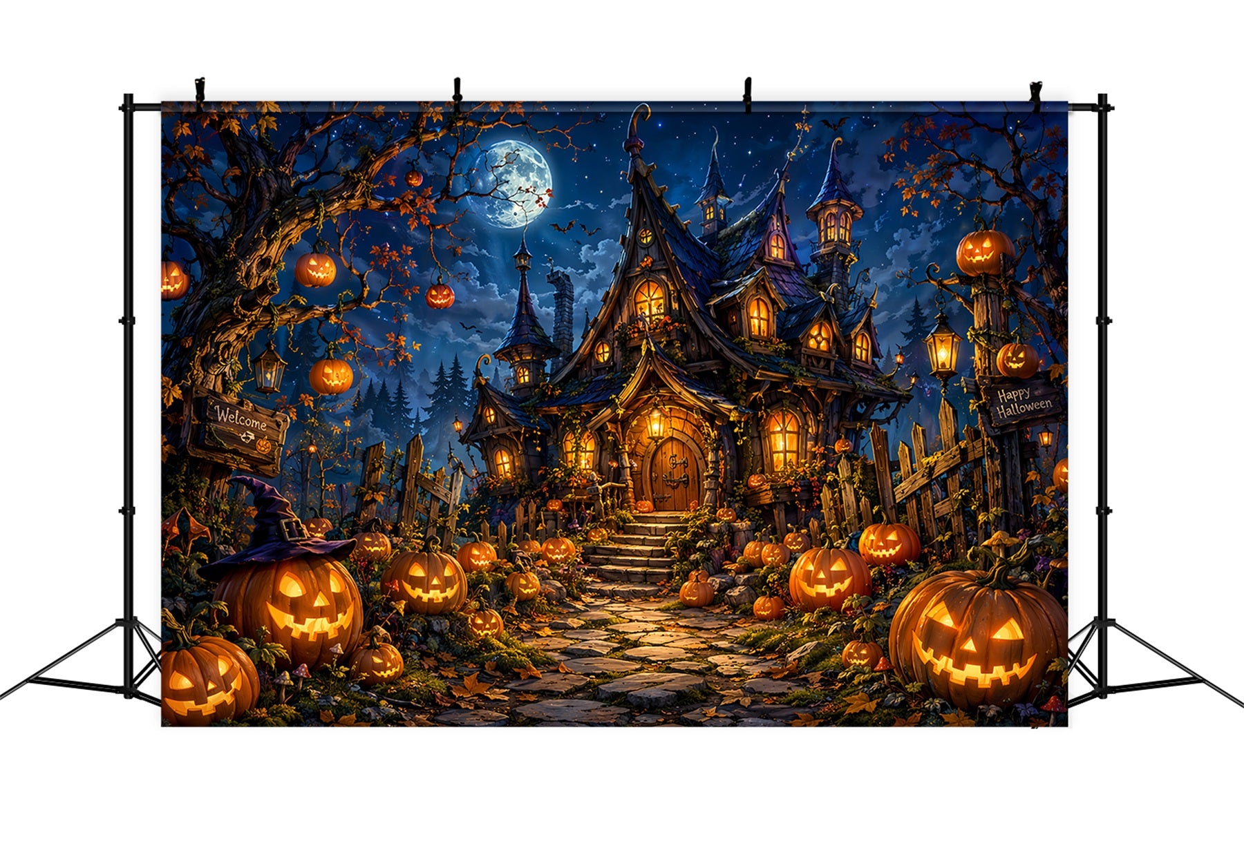Halloween Castle Backdrop Moonlit Pumpkin Witch Cottage Large Halloween Backdrop LXX67-175
