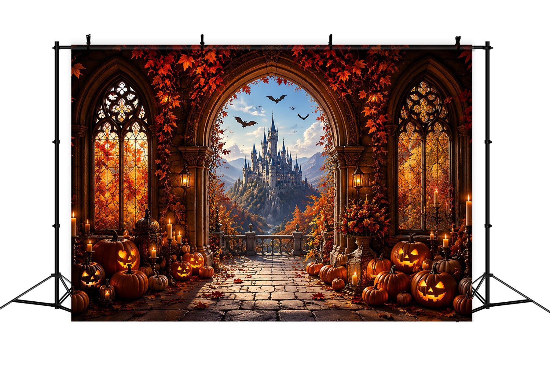 Fall Halloween Backdrop Autumn Pumpkin Castle Archway Scary Halloween Backdrops LXX67-176