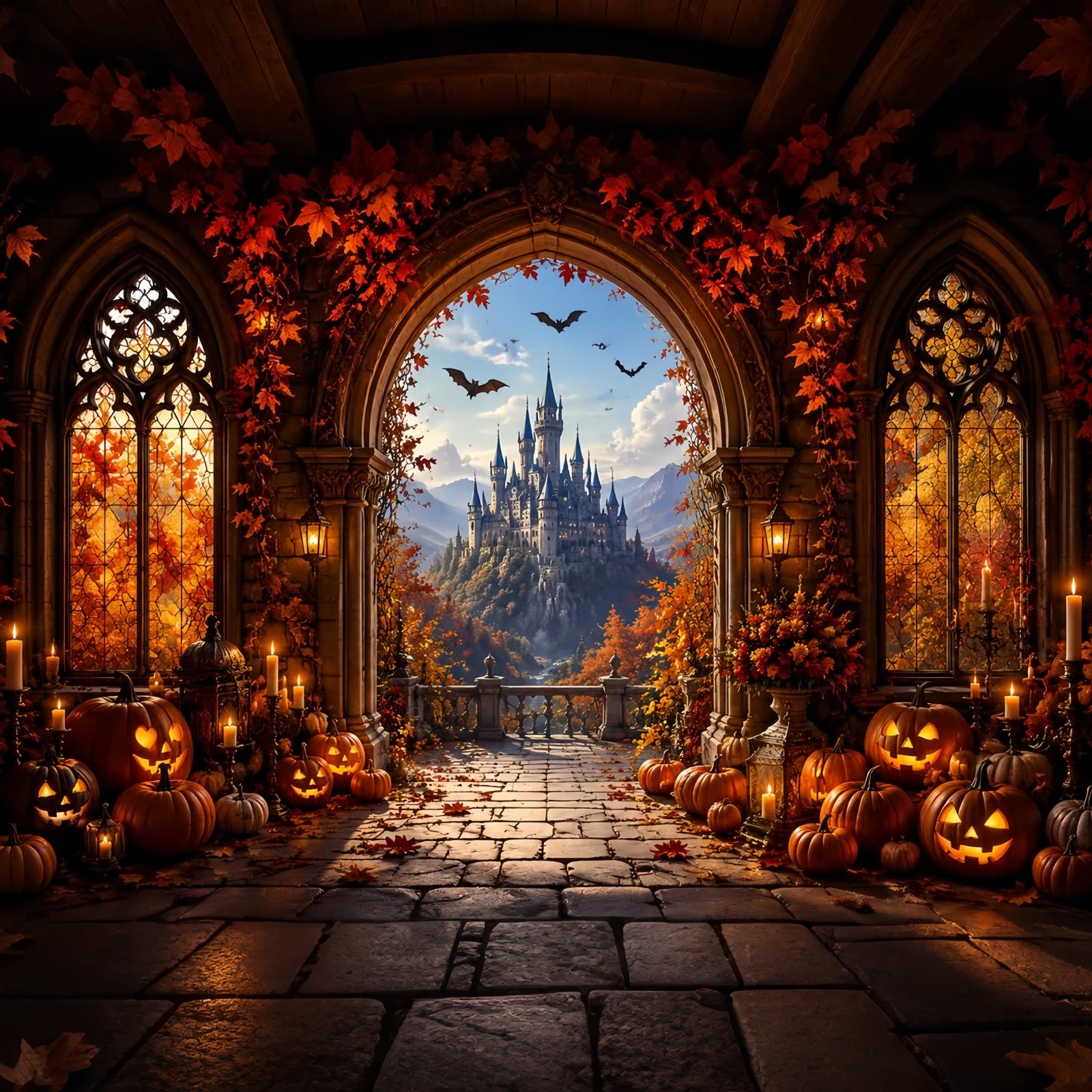 Fall Halloween Backdrop Autumn Pumpkin Castle Archway Scary Halloween Backdrops LXX67-176