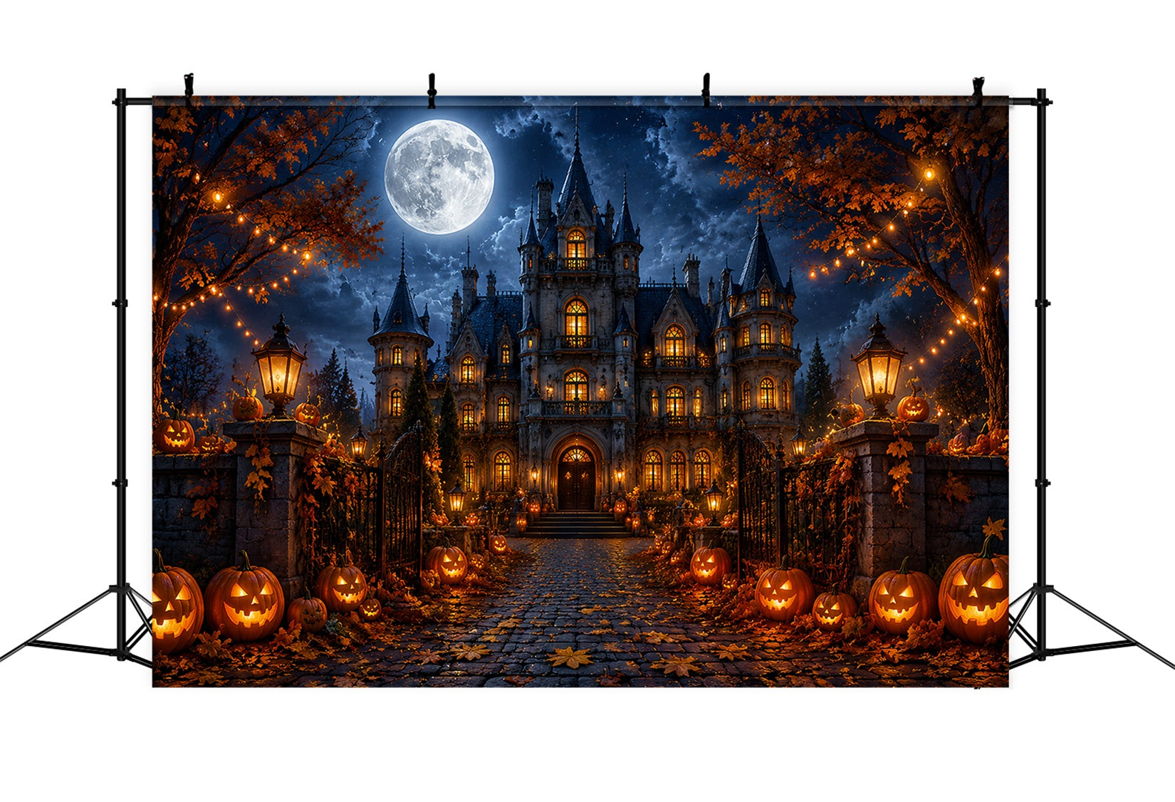Fall Halloween Backdrop Moonlit Gothic Mansion Pumpkins Scary Halloween Backdrops LXX67-18