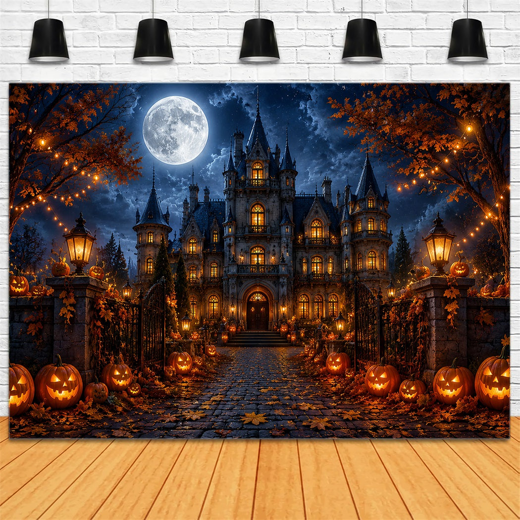 Fall Halloween Backdrop Moonlit Gothic Mansion Pumpkins Scary Halloween Backdrops LXX67-18