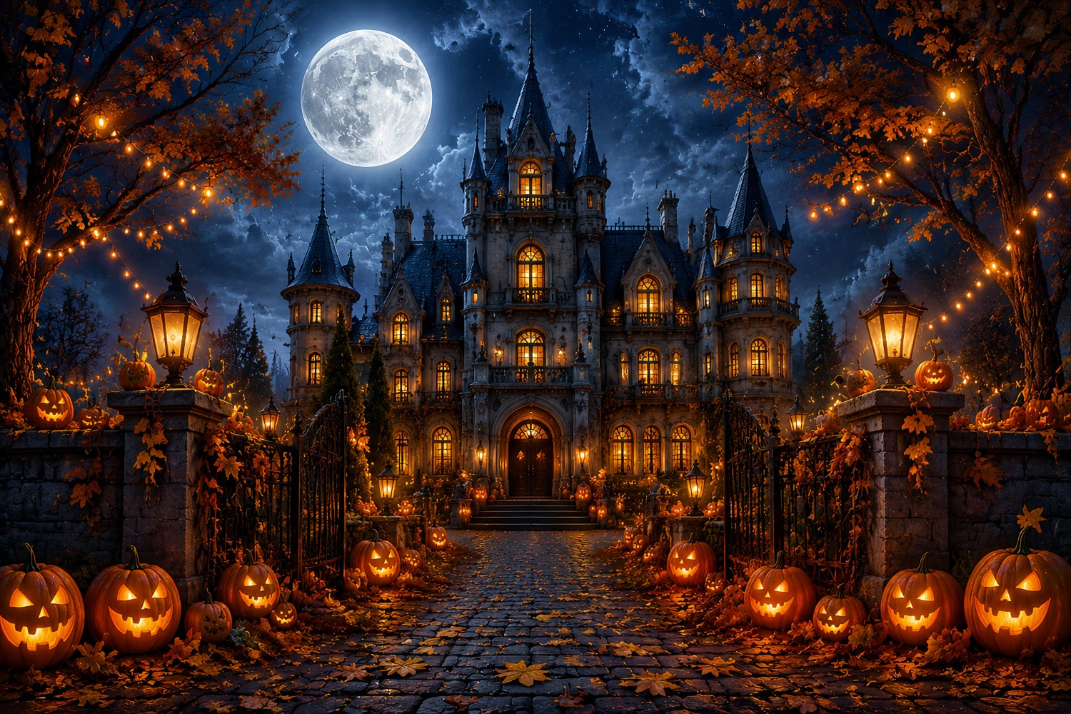 Fall Halloween Backdrop Moonlit Gothic Mansion Pumpkins Scary Halloween Backdrops LXX67-18