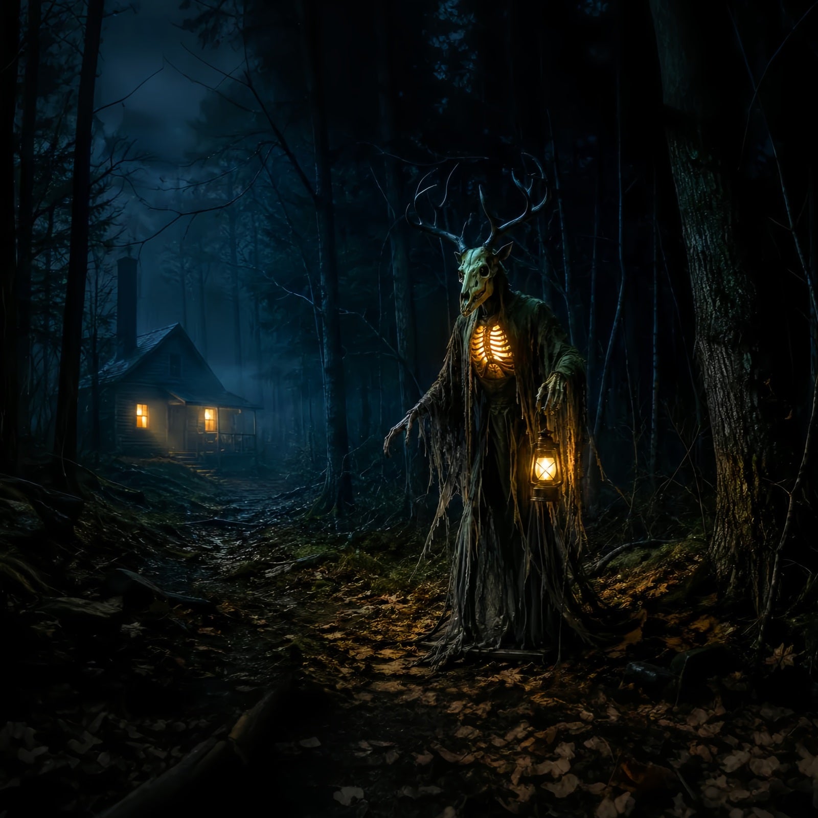 Halloween Backdrop Outdoor Antlered Forest Spirit Cabin Photo Backdrop Halloween LXX67-180