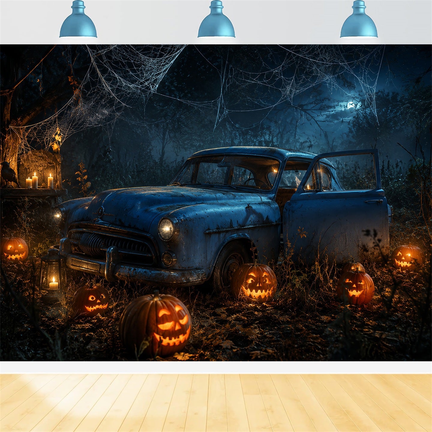 Halloween Garage Backdrop Abandoned Pumpkin Forest Car Backdrops For Halloween LXX67-184