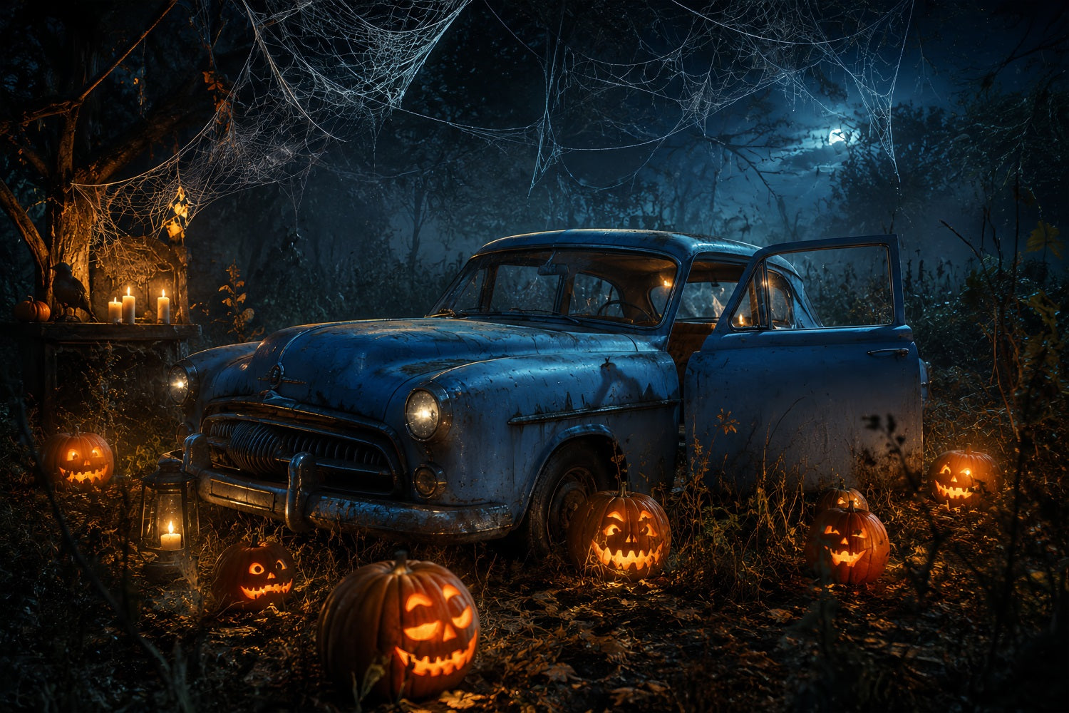 Halloween Garage Backdrop Abandoned Pumpkin Forest Car Backdrops For Halloween LXX67-184