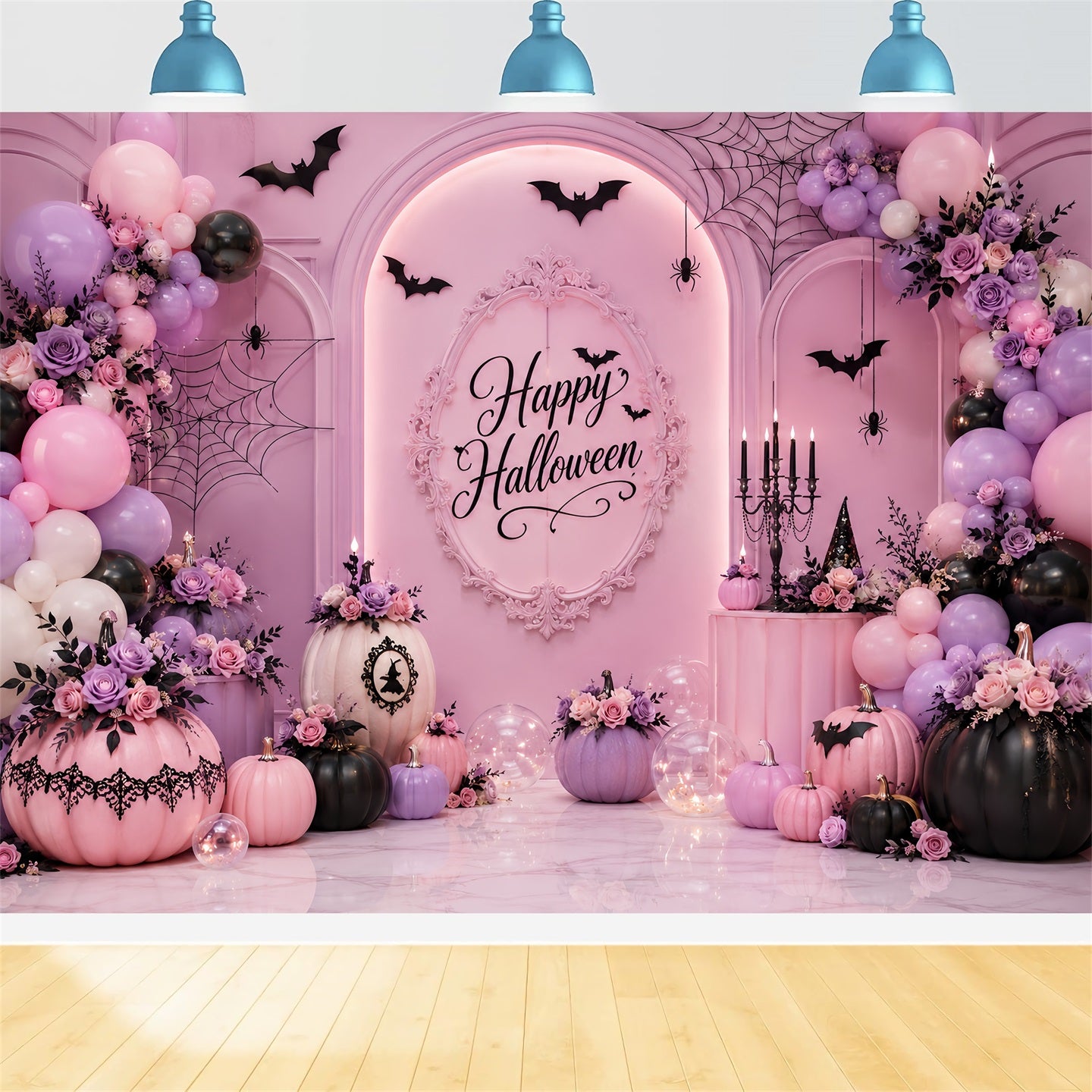 Halloween Picture Backdrops Pastel Pumpkin Floral Balloon Arch Halloween Birthday Backdrop LXX67-185