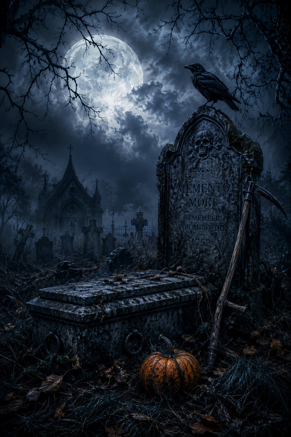 Halloween House Backdrop Moonlit Raven Tombstone Graveyard Halloween Cemetery Backdrop LXX67-186