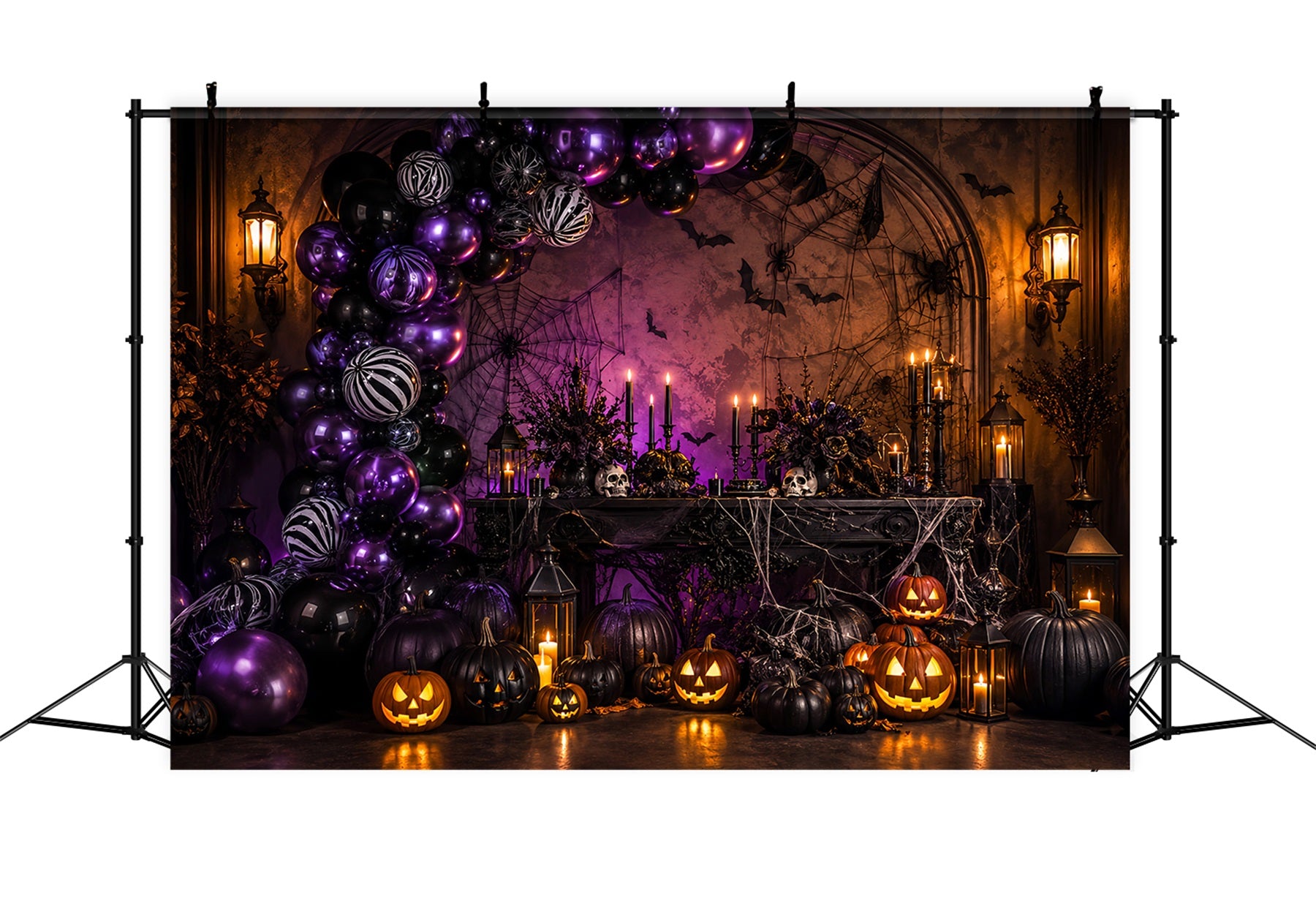 Halloween Balloon Backdrop Purple Pumpkin Spider Web Halloween Themed Backdrop LXX67-189