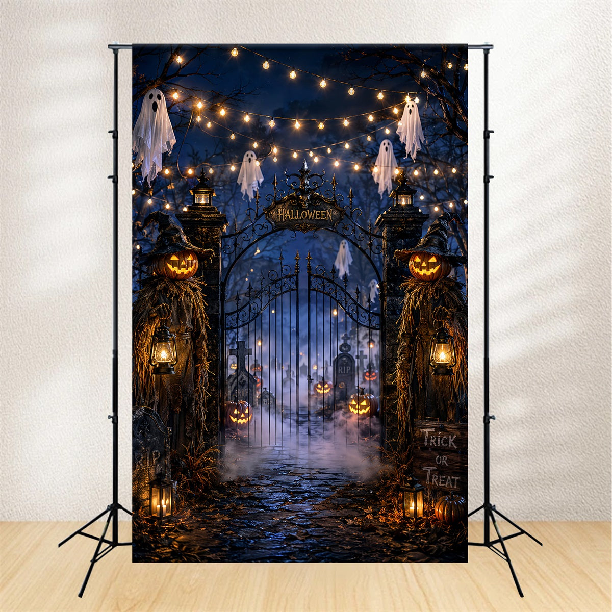 Halloween Party Backdrop Ideas Ghostly Lantern Cemetery Entrance Halloween Scary Backdrops LXX67-197