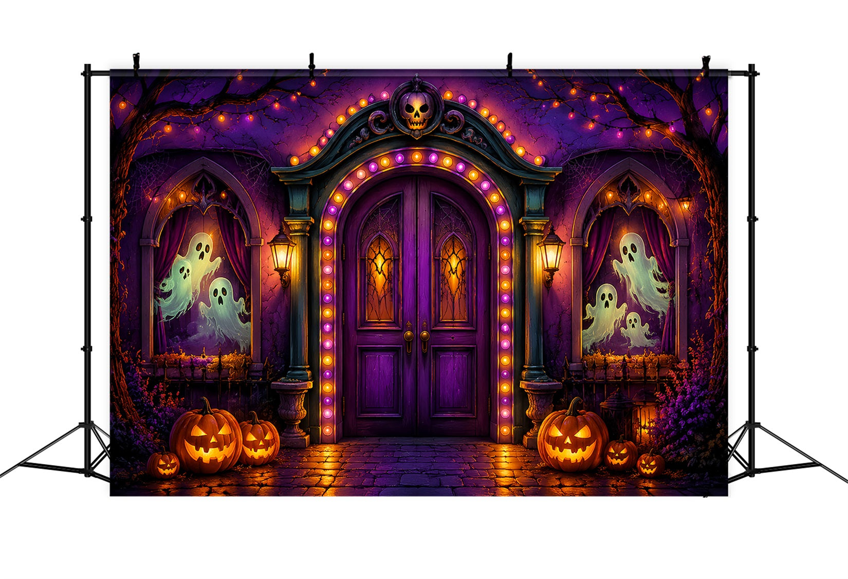 Halloween Cardboard Backdrops Purple Ghost Arch Entrance Halloween Photography Backdrop LXX67-20