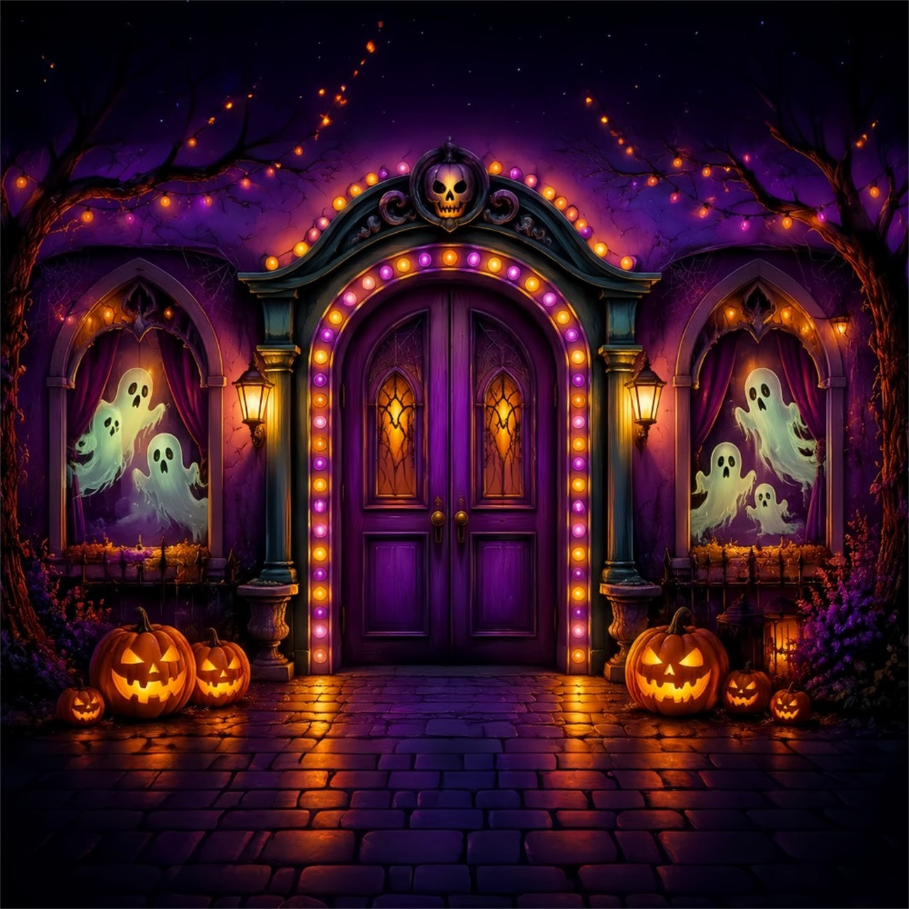 Halloween Cardboard Backdrops Purple Ghost Arch Entrance Halloween Photography Backdrop LXX67-20