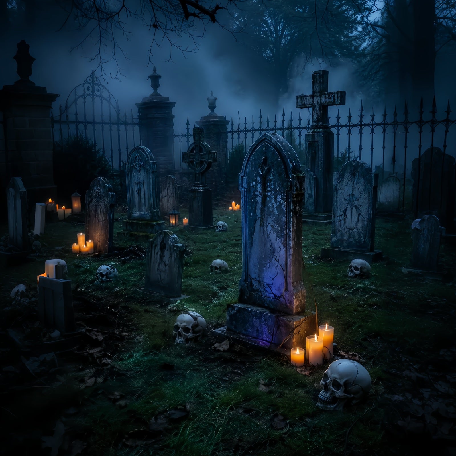 Halloween Cloth Backdrop Foggy Candlelit Skull Cemetery Graveyard Halloween Backdrops LXX67-202