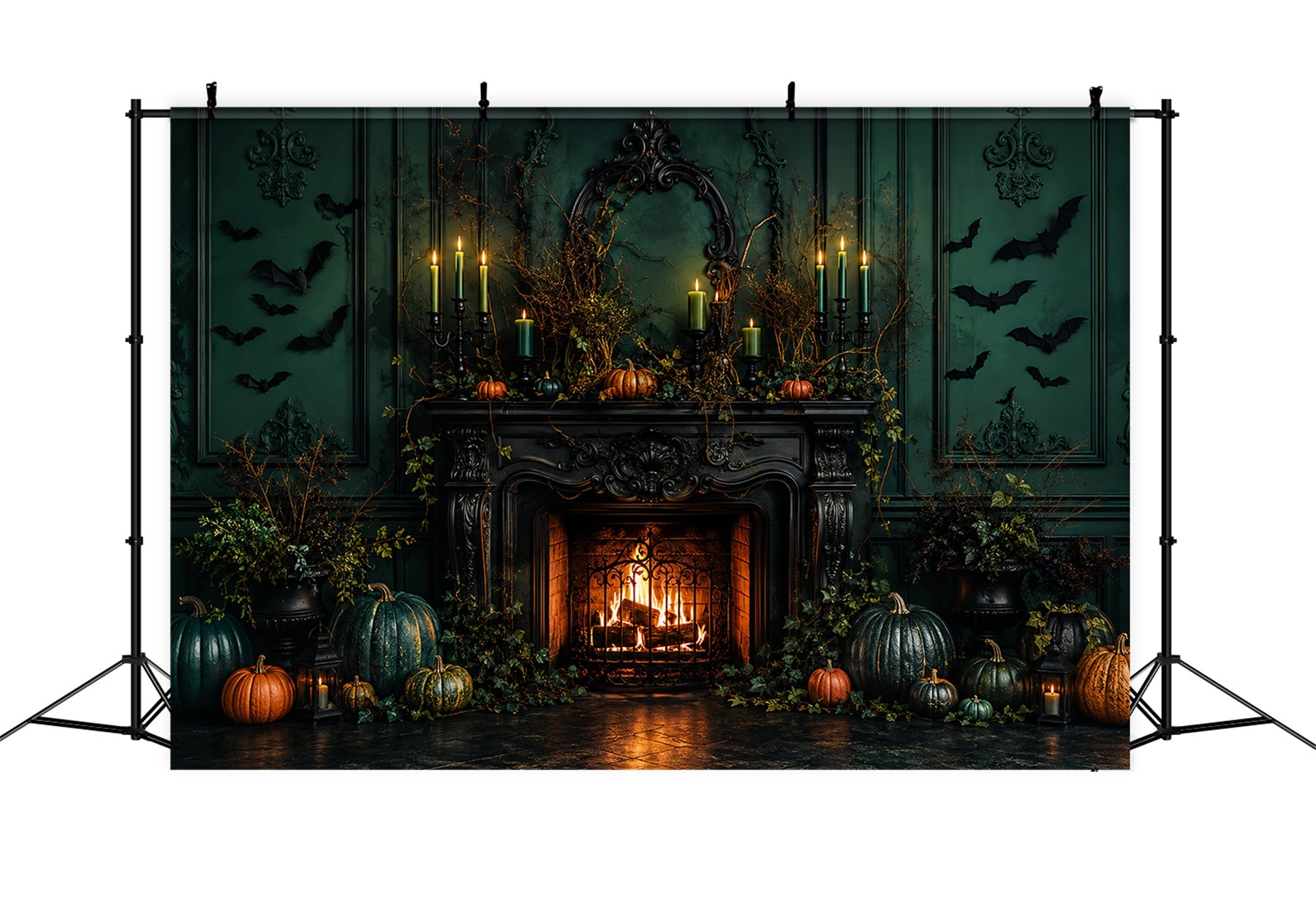 Scary Halloween Photo Backdrops Emerald Pumpkin Fireplace Mantel Happy Halloween Backdrop LXX67-206