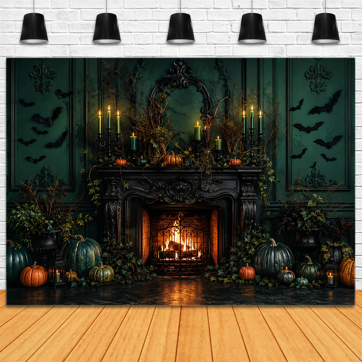 Scary Halloween Photo Backdrops Emerald Pumpkin Fireplace Mantel Happy Halloween Backdrop LXX67-206