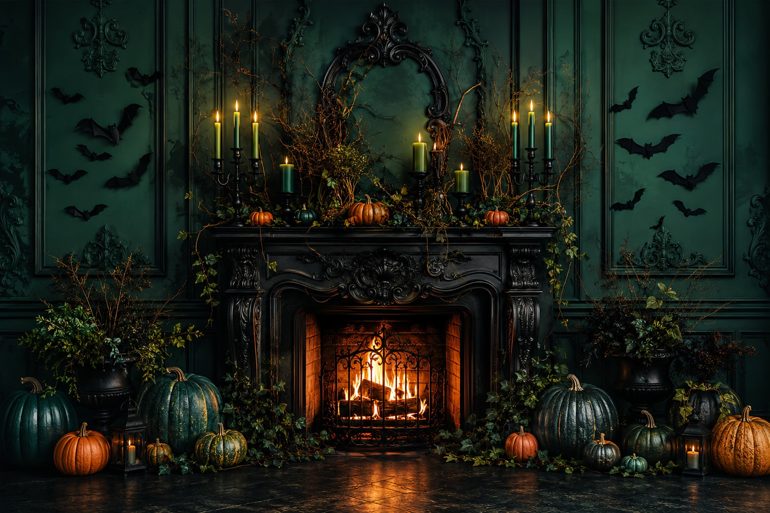 Scary Halloween Photo Backdrops Emerald Pumpkin Fireplace Mantel Happy