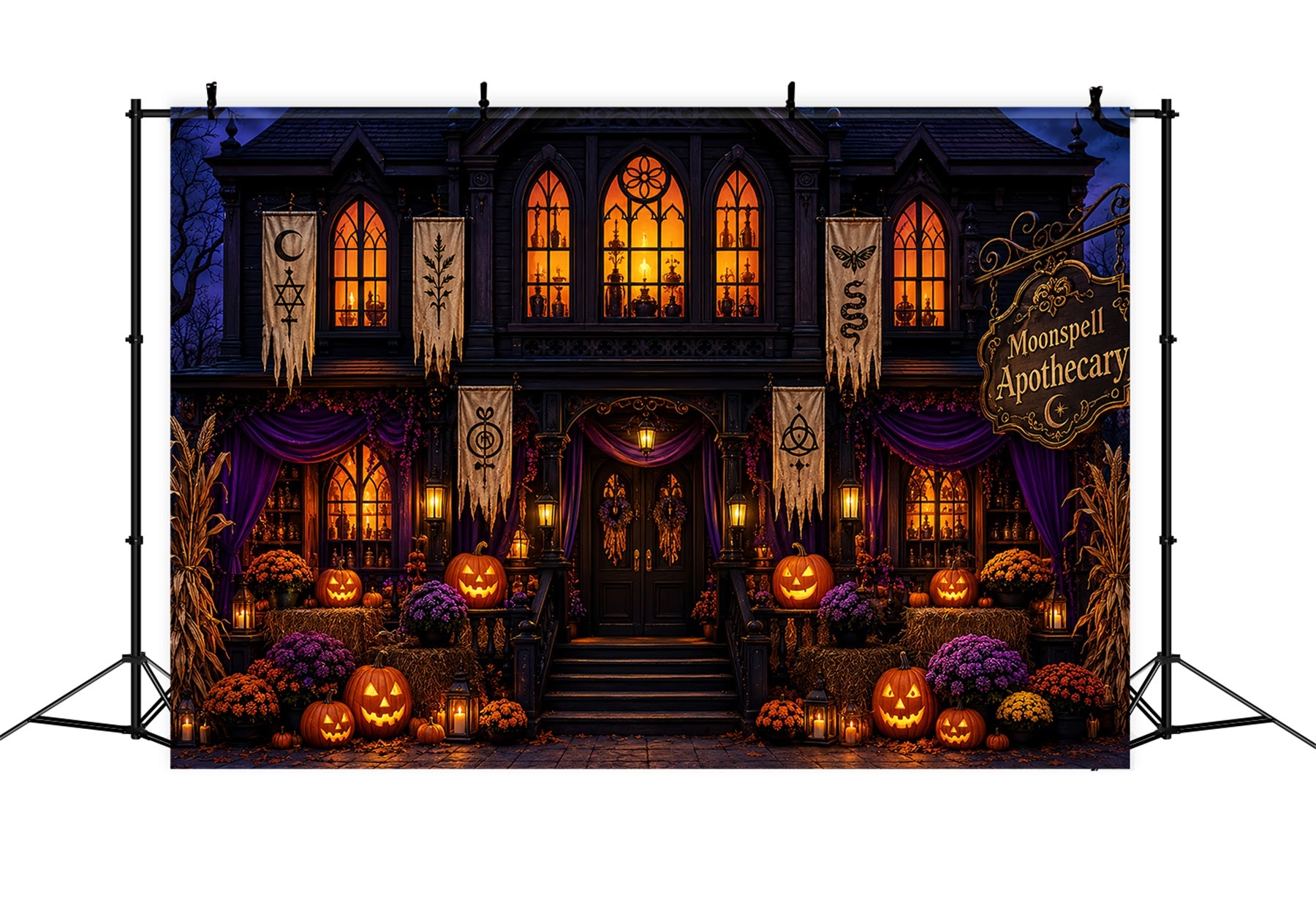 Halloween Backdrop Photos Gothic Pumpkin Apothecary Facade DIY Halloween Photo Backdrop LXX67-209