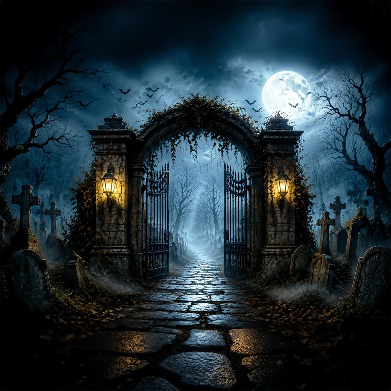 Backdrop Halloween Photo Booth Moonlit Cemetery Iron Gate Halloween Party Photo Backdrop LXX67-21