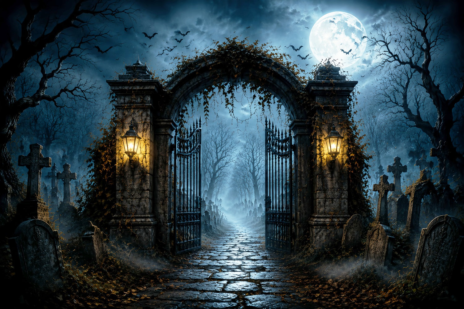 Backdrop Halloween Photo Booth Moonlit Cemetery Iron Gate Halloween Party Photo Backdrop LXX67-21