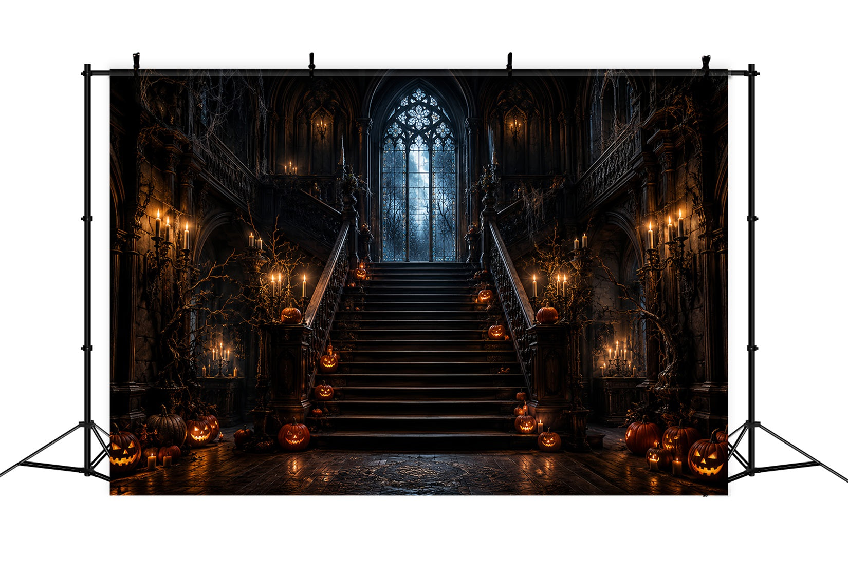 Haunted House Backdrop Candlelit Pumpkin Gothic Staircase Halloween Backdrop LXX67-210