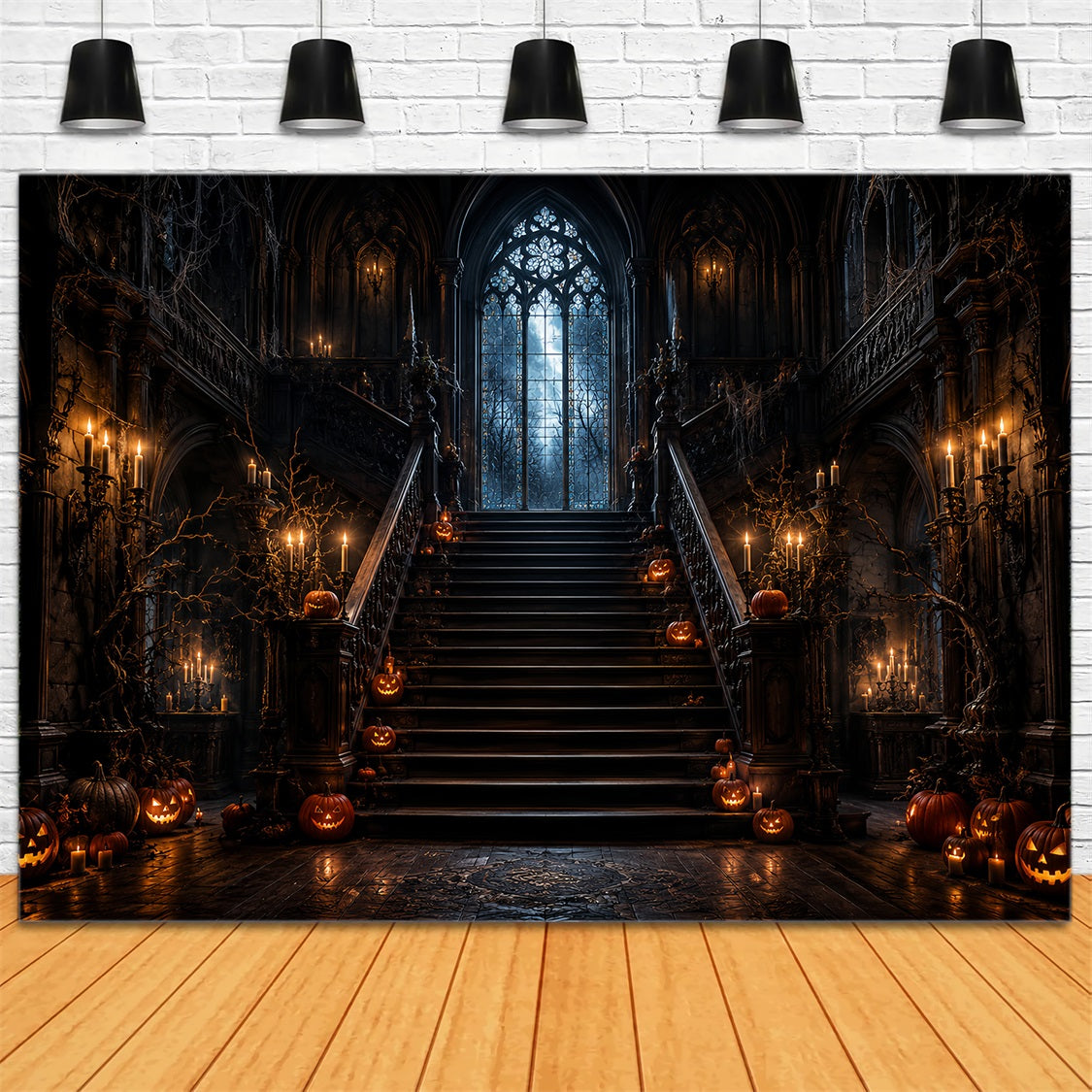 Haunted House Backdrop Candlelit Pumpkin Gothic Staircase Halloween Backdrop LXX67-210