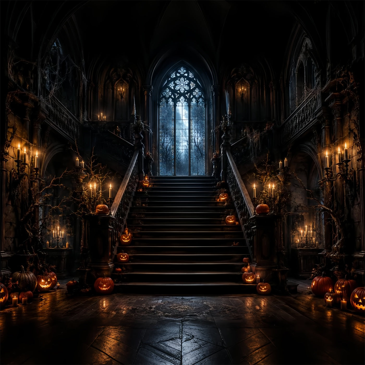 Haunted House Backdrop Candlelit Pumpkin Gothic Staircase Halloween Backdrop LXX67-210