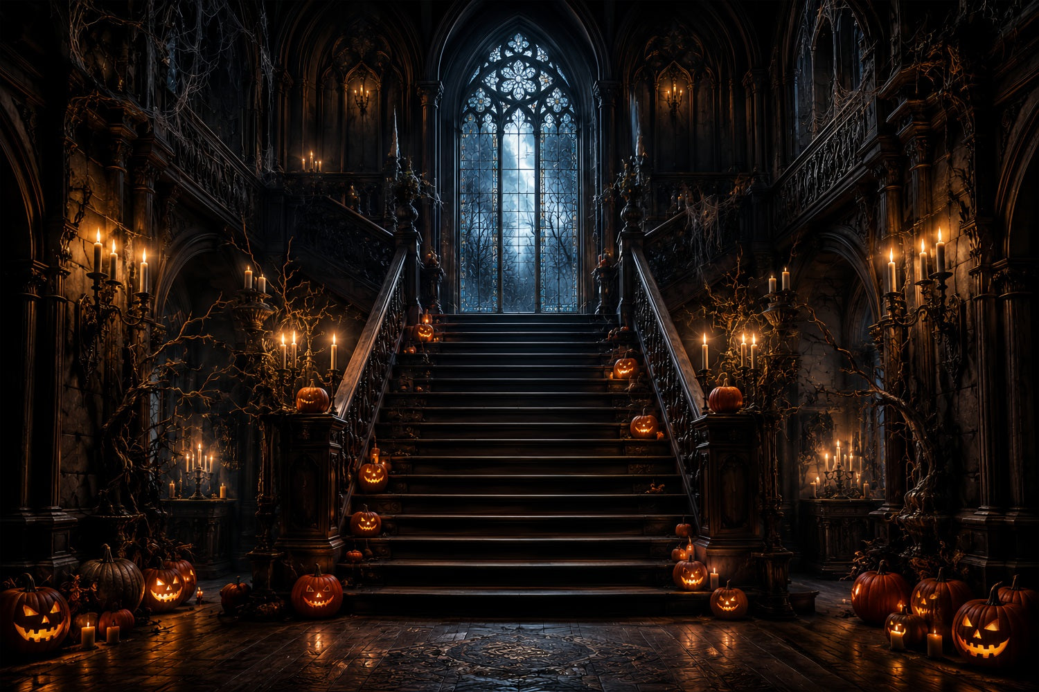 Haunted House Backdrop Candlelit Pumpkin Gothic Staircase Halloween Backdrop LXX67-210