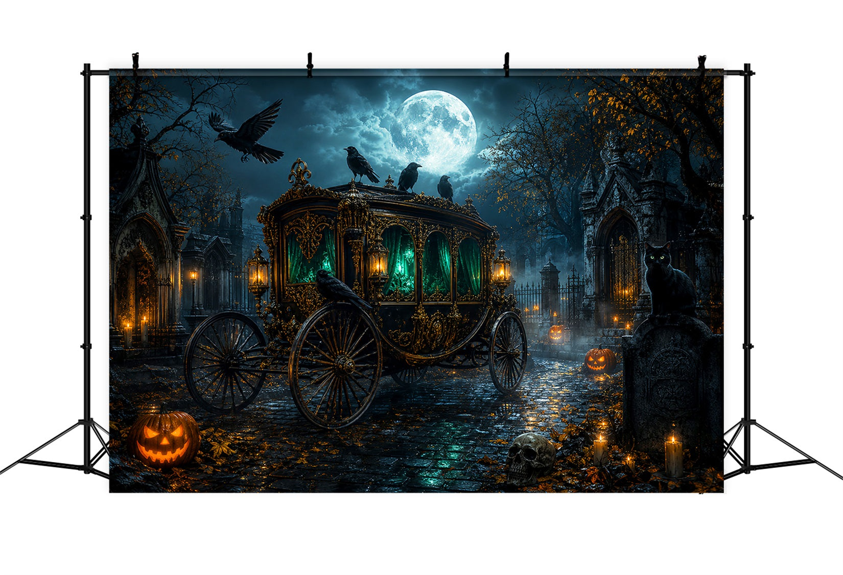 Graveyard Backdrop Moonlit Raven Funeral Carriage Halloween Backdrops LXX67-211