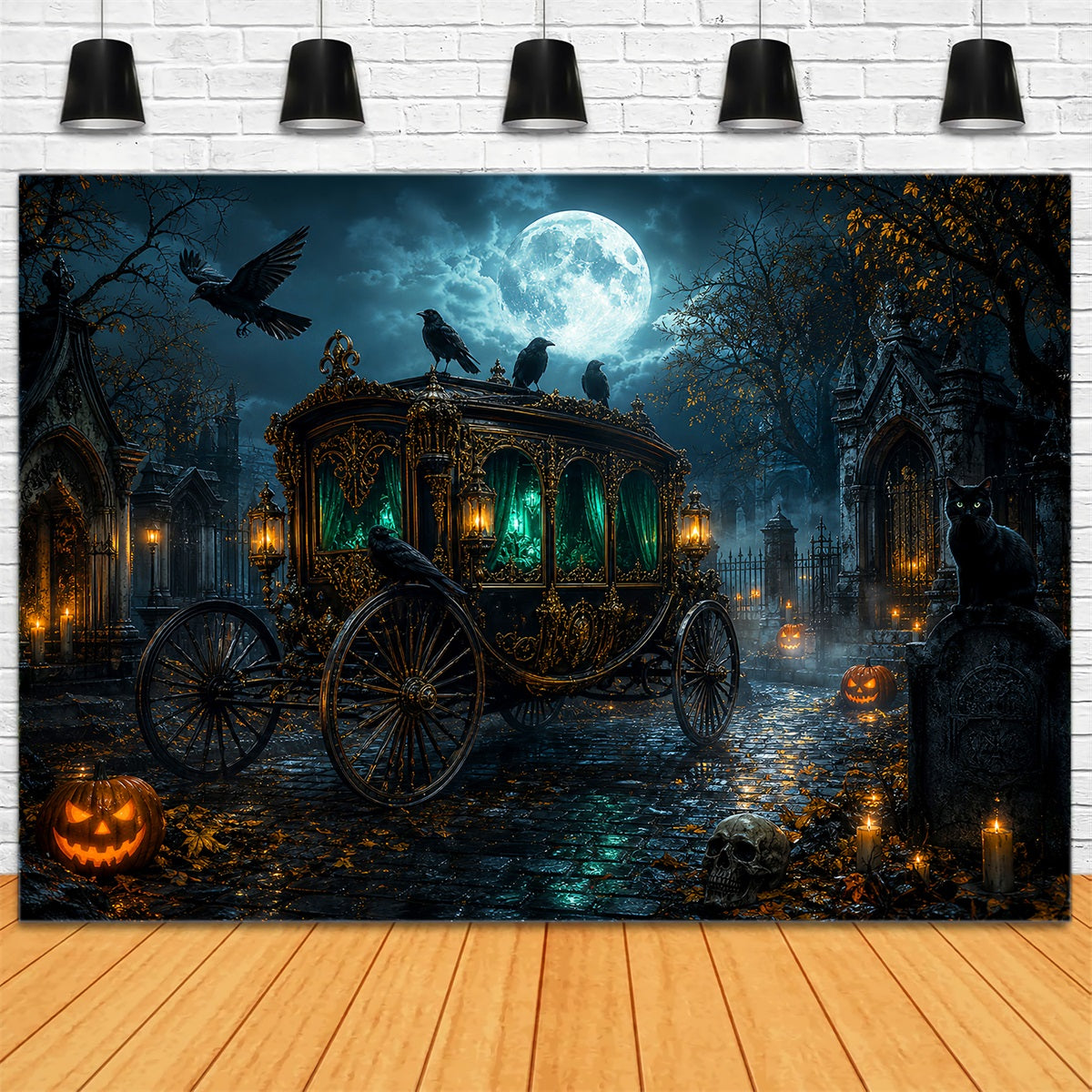 Graveyard Backdrop Moonlit Raven Funeral Carriage Halloween Backdrops LXX67-211