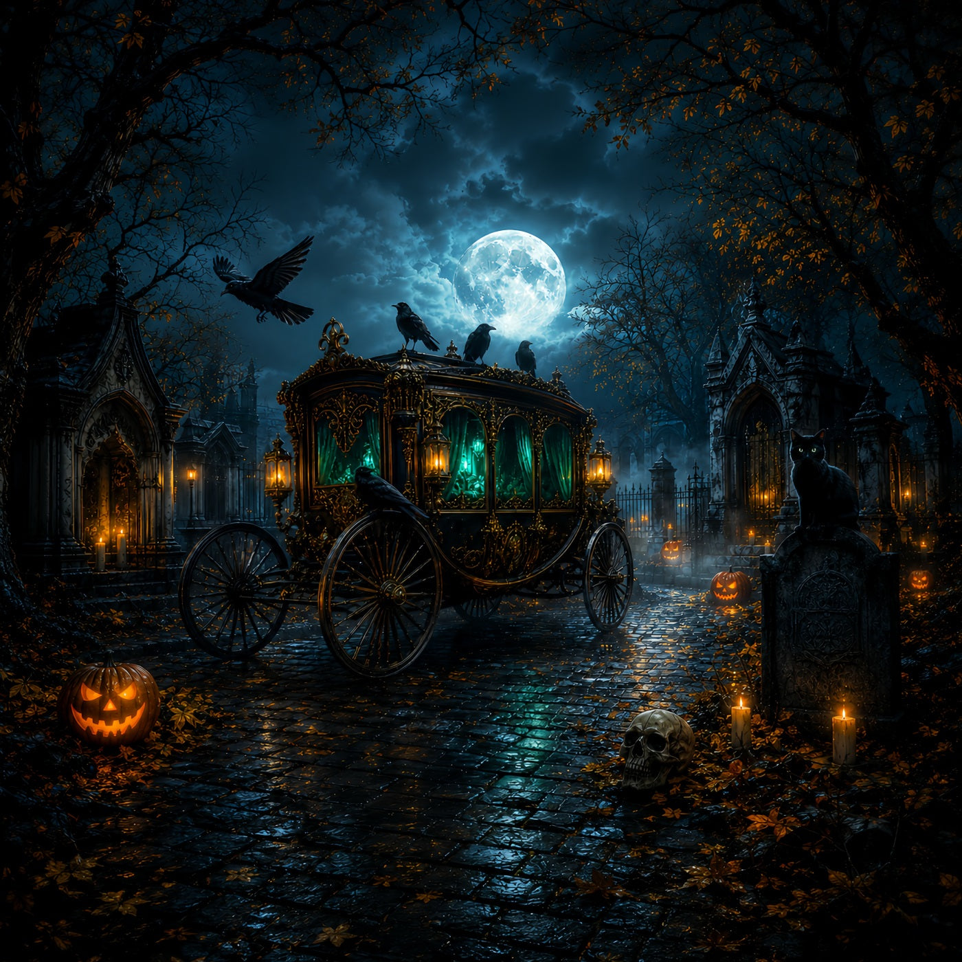 Graveyard Backdrop Moonlit Raven Funeral Carriage Halloween Backdrops LXX67-211