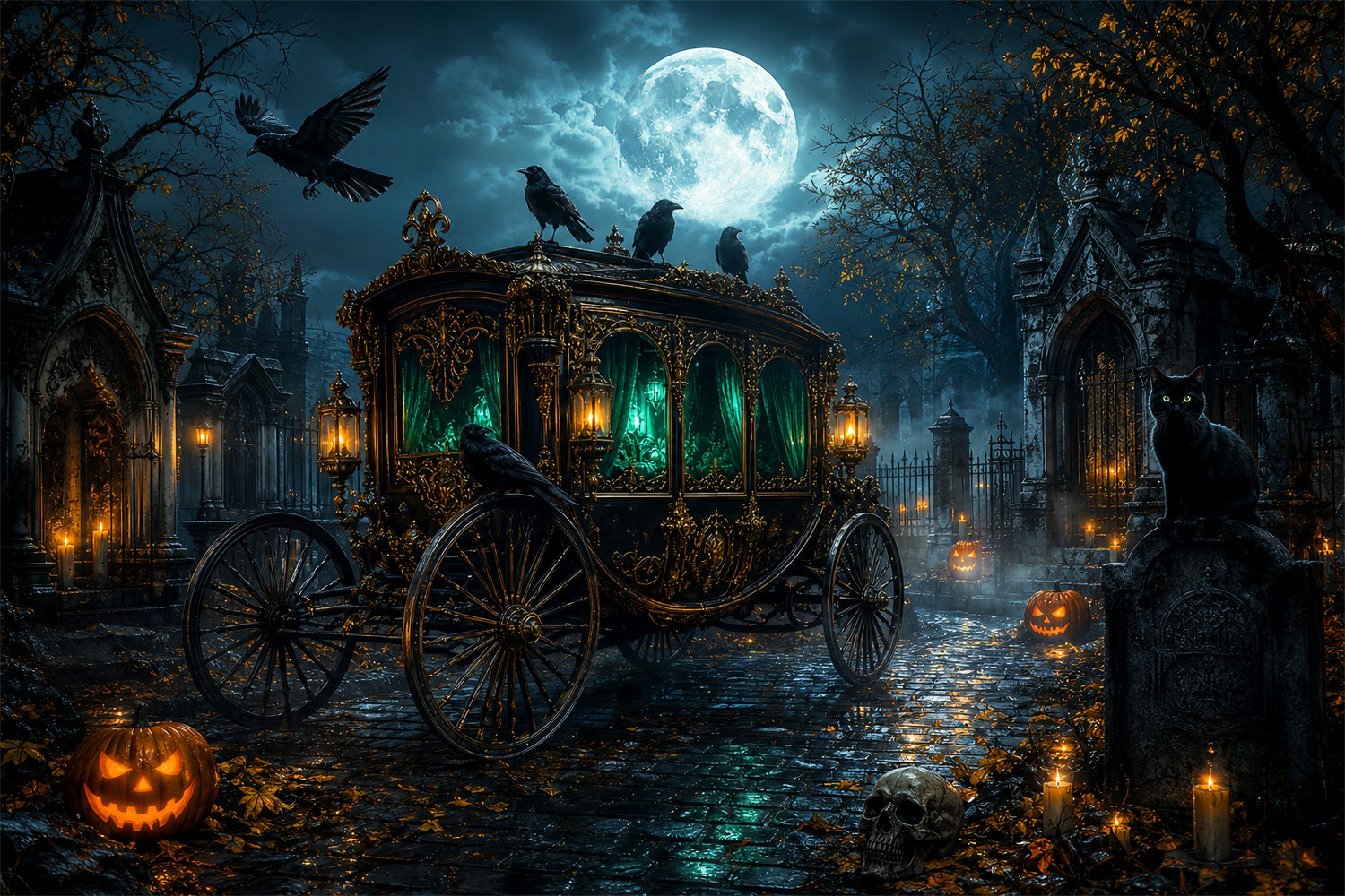 Graveyard Backdrop Moonlit Raven Funeral Carriage Halloween Backdrops LXX67-211
