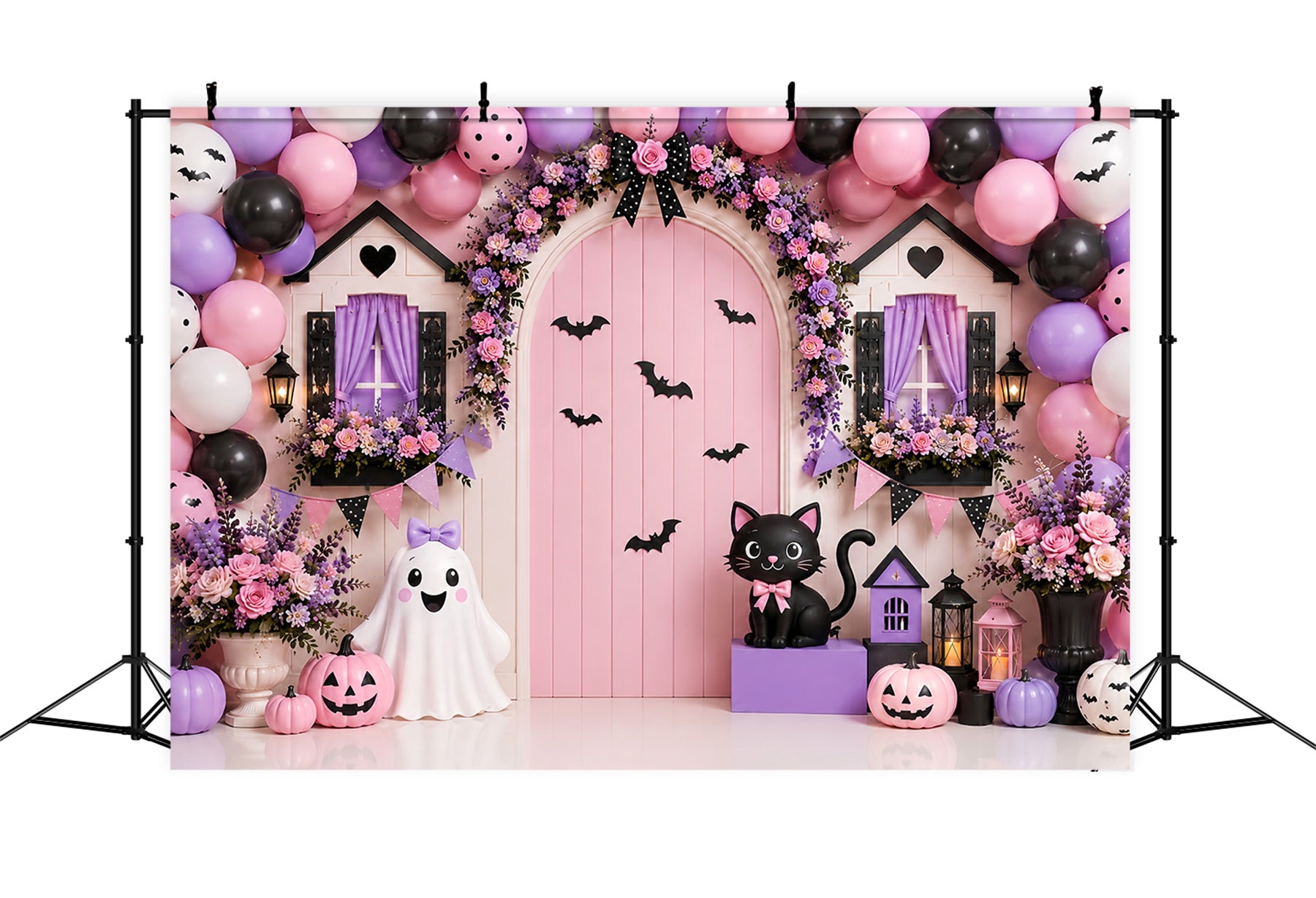 Pumpkin Patch Backdrop Pink Floral Ghost Doorway Halloween Photo Backdrop LXX67-212
