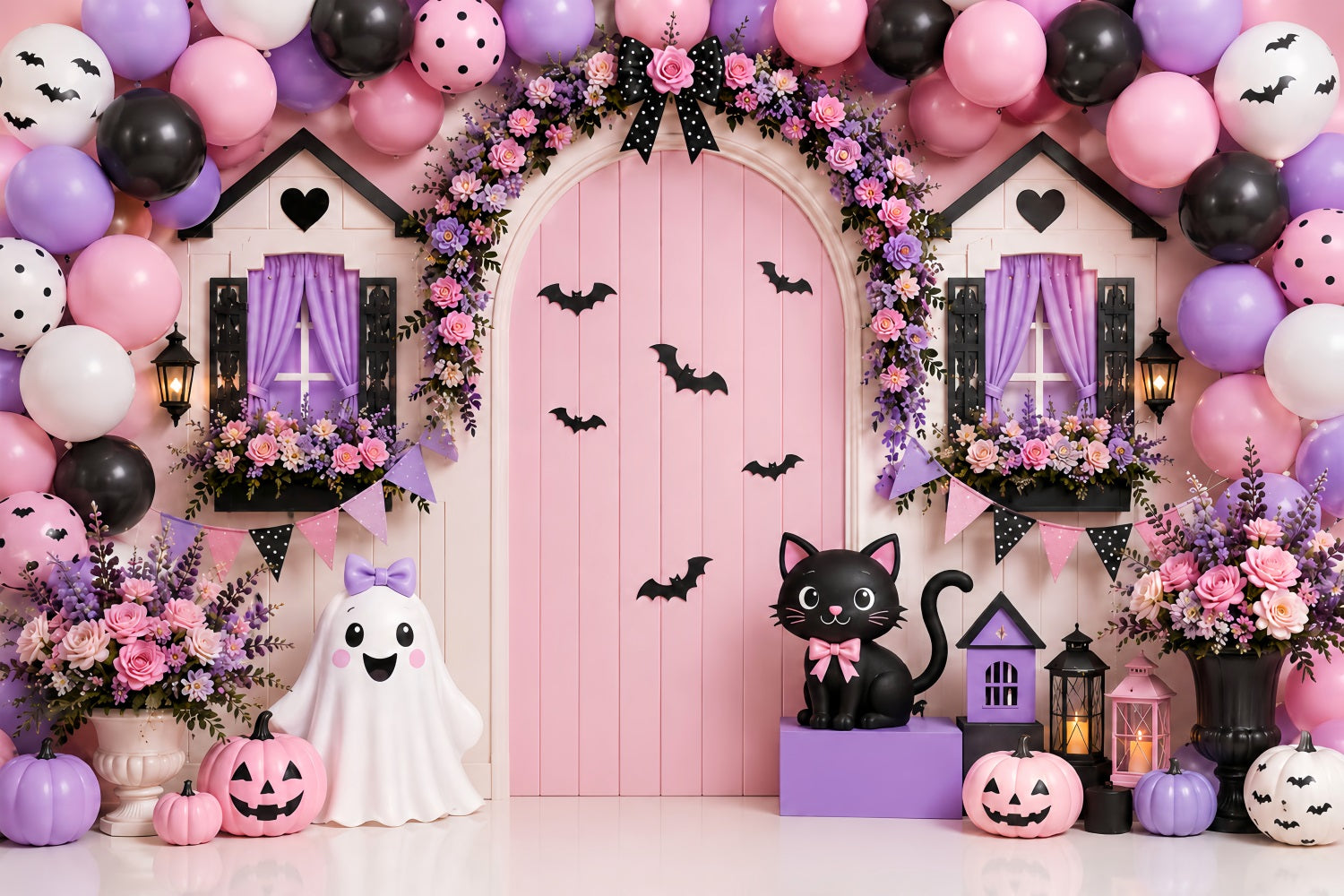 Pumpkin Patch Backdrop Pink Floral Ghost Doorway Halloween Photo Backdrop LXX67-212