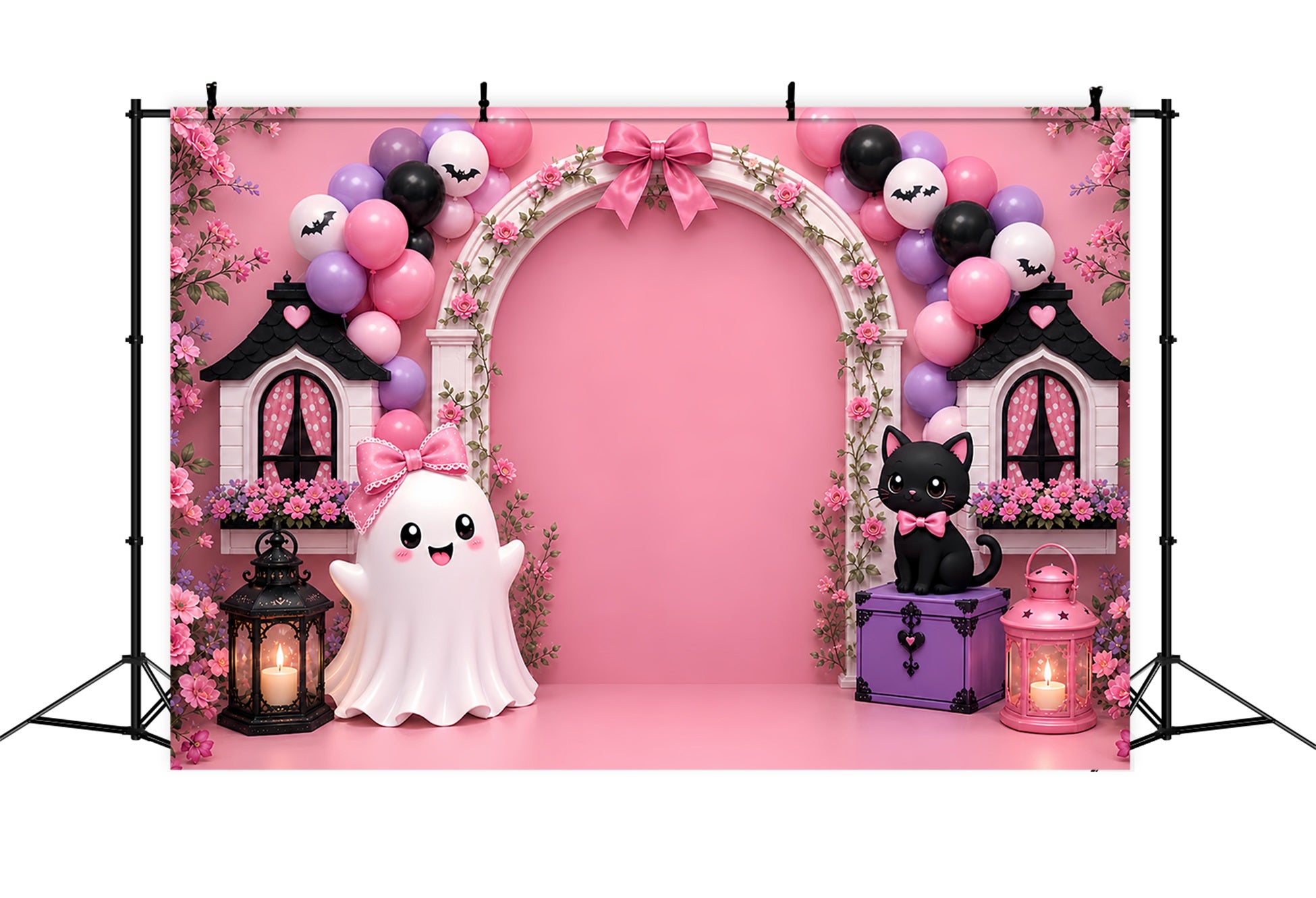 Pumpkin Patch Backdrop Bowtie Ghost Cat Arch Halloween Photo Backdrop LXX67-213