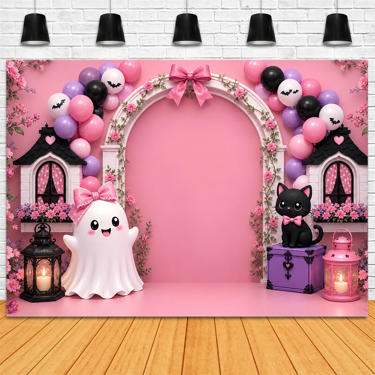 Pumpkin Patch Backdrop Bowtie Ghost Cat Arch Halloween Photo Backdrop LXX67-213
