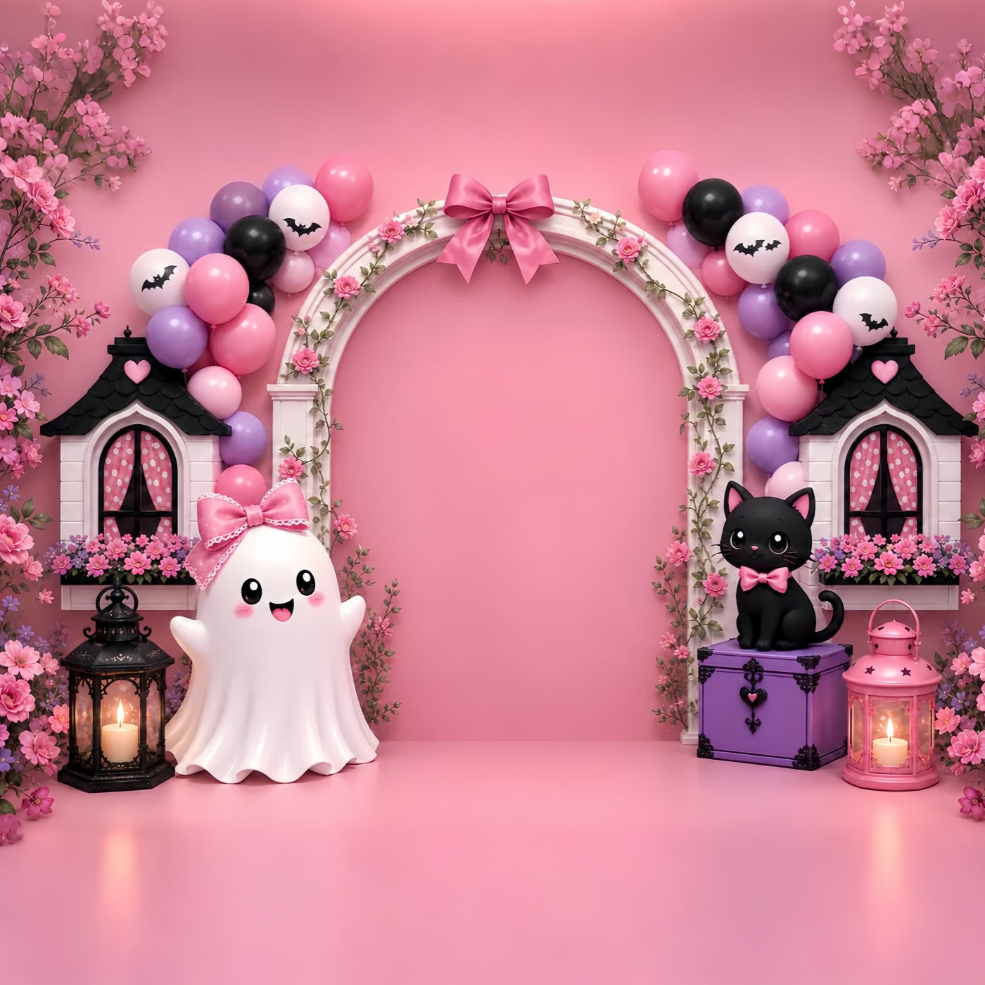 Pumpkin Patch Backdrop Bowtie Ghost Cat Arch Halloween Photo Backdrop LXX67-213