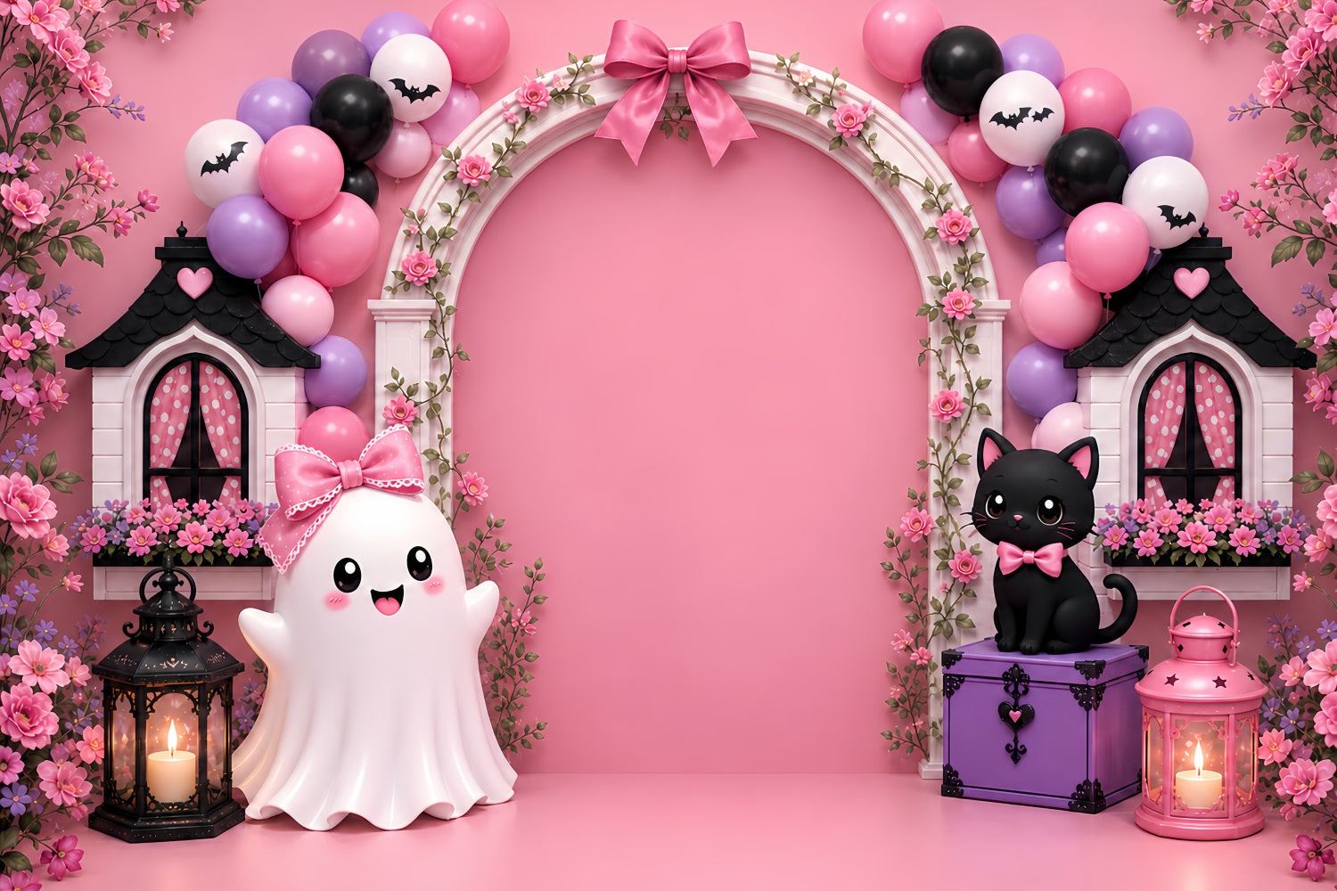 Pumpkin Patch Backdrop Bowtie Ghost Cat Arch Halloween Photo Backdrop LXX67-213