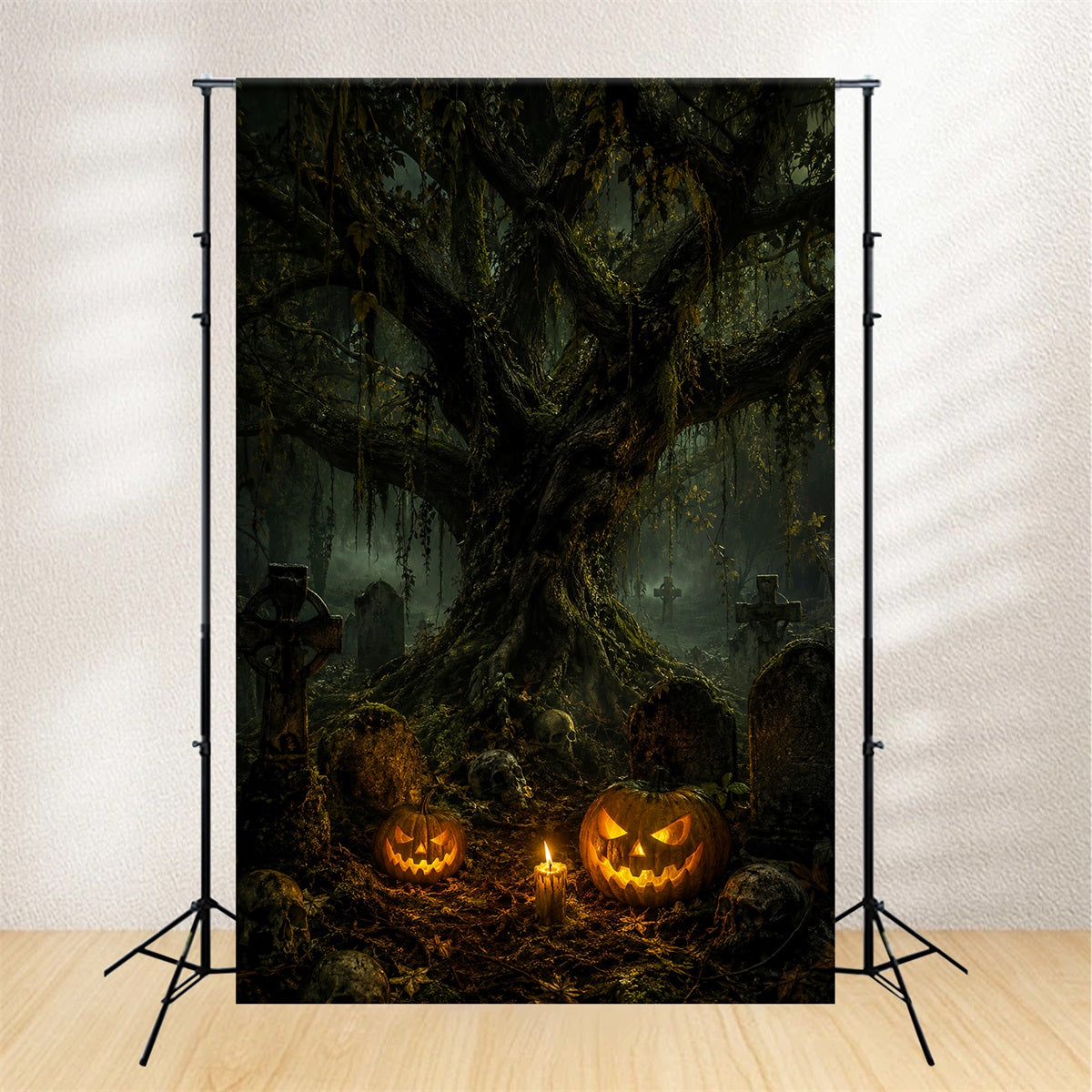 Cemetery Backdrop Mossy Skull Pumpkin Graveyard Halloween Backdrop For Photos LXX67-215