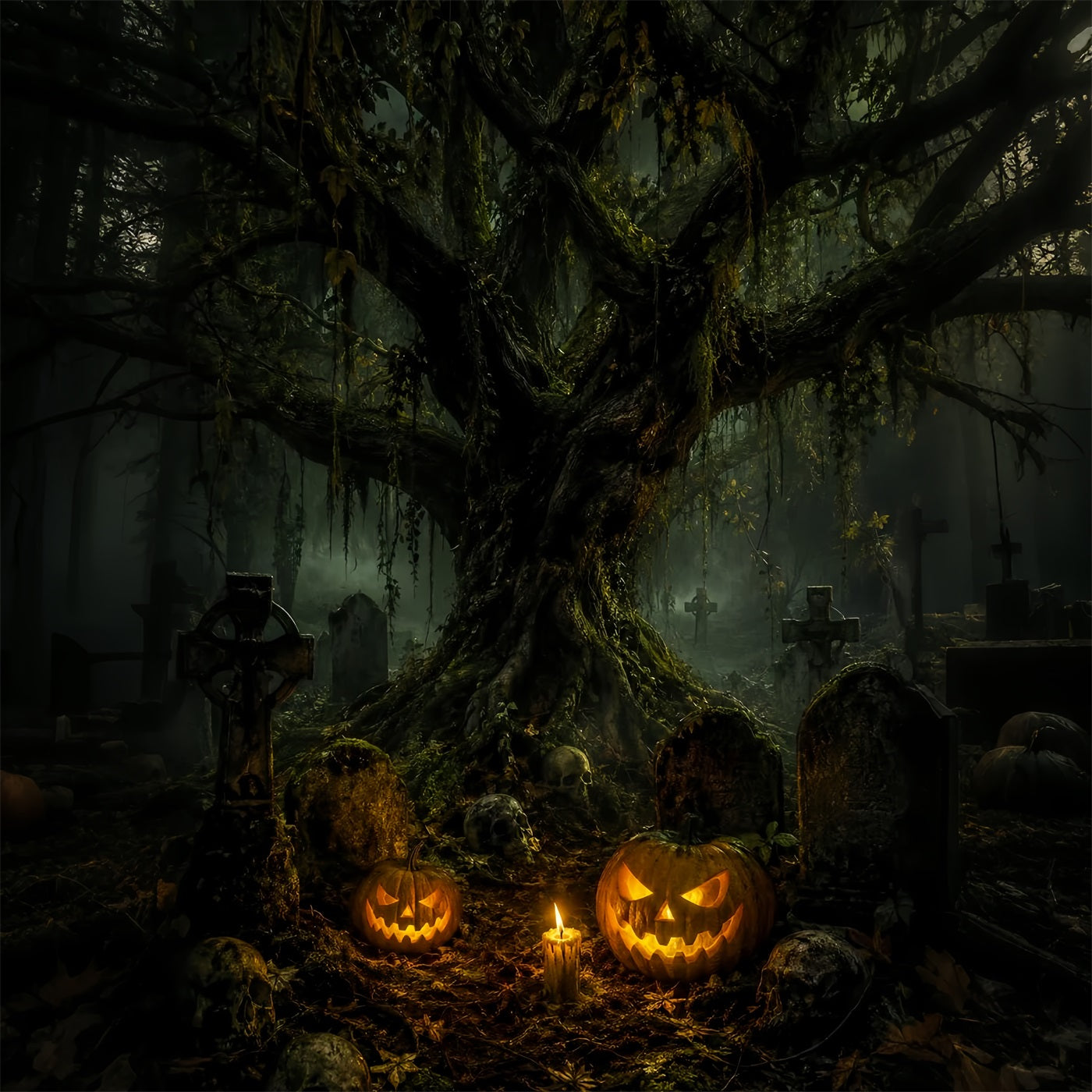 Cemetery Backdrop Mossy Skull Pumpkin Graveyard Halloween Backdrop For Photos LXX67-215