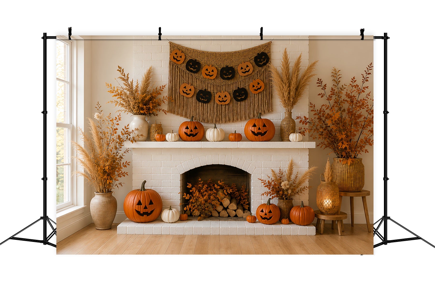 Pumpkin Backdrop Autumn Cozy Fireplace Mantel Halloween Backdrop Ideas LXX67-216